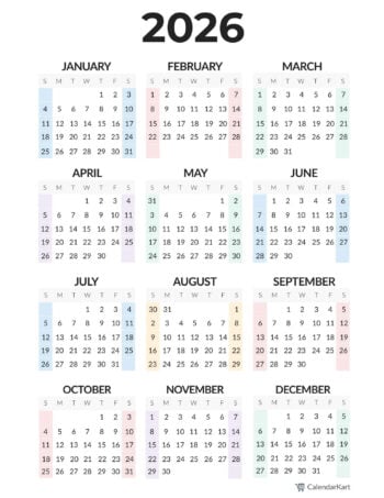 2026 Calendar Pastel Color Minimal