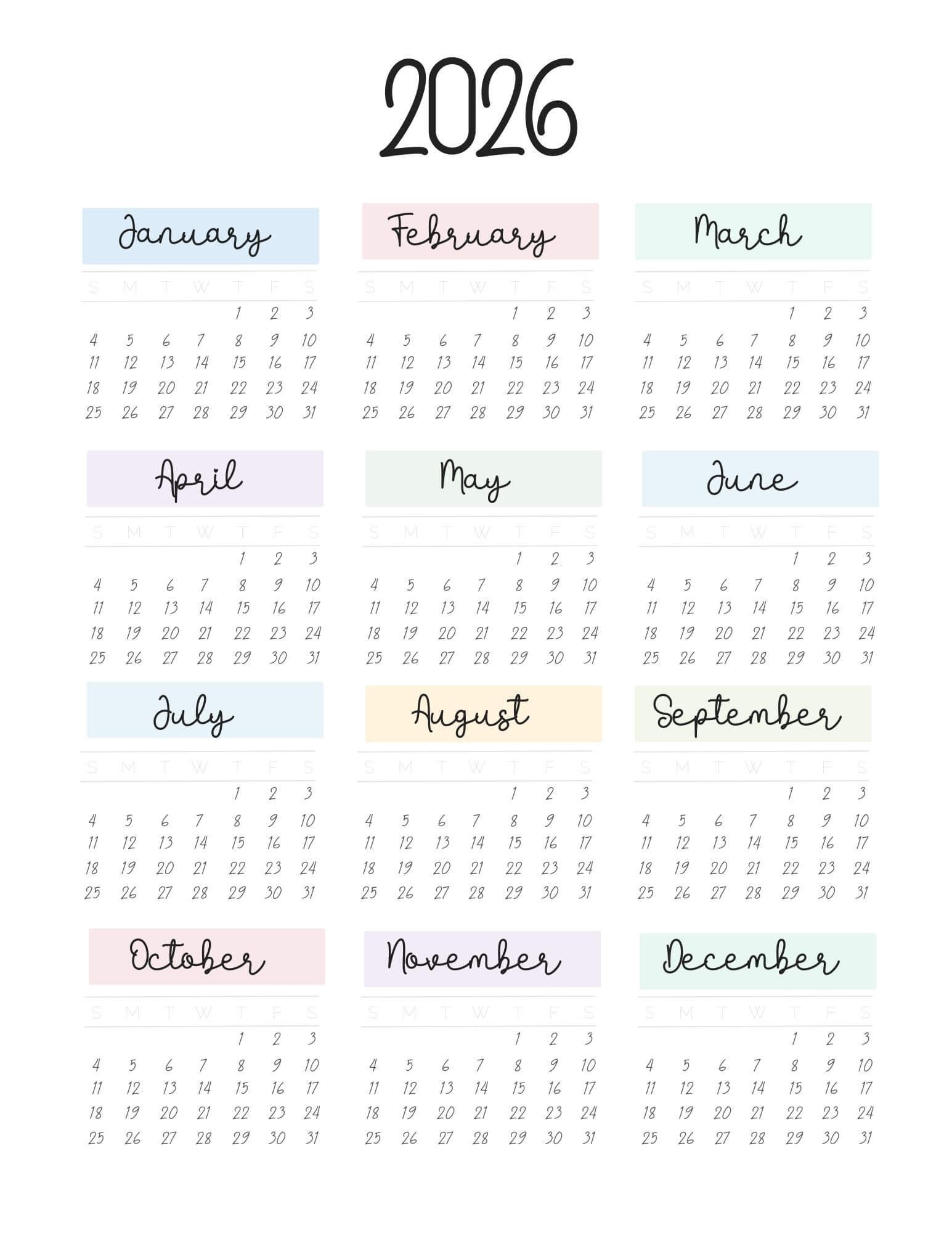 2026 Calendar Printable Colored