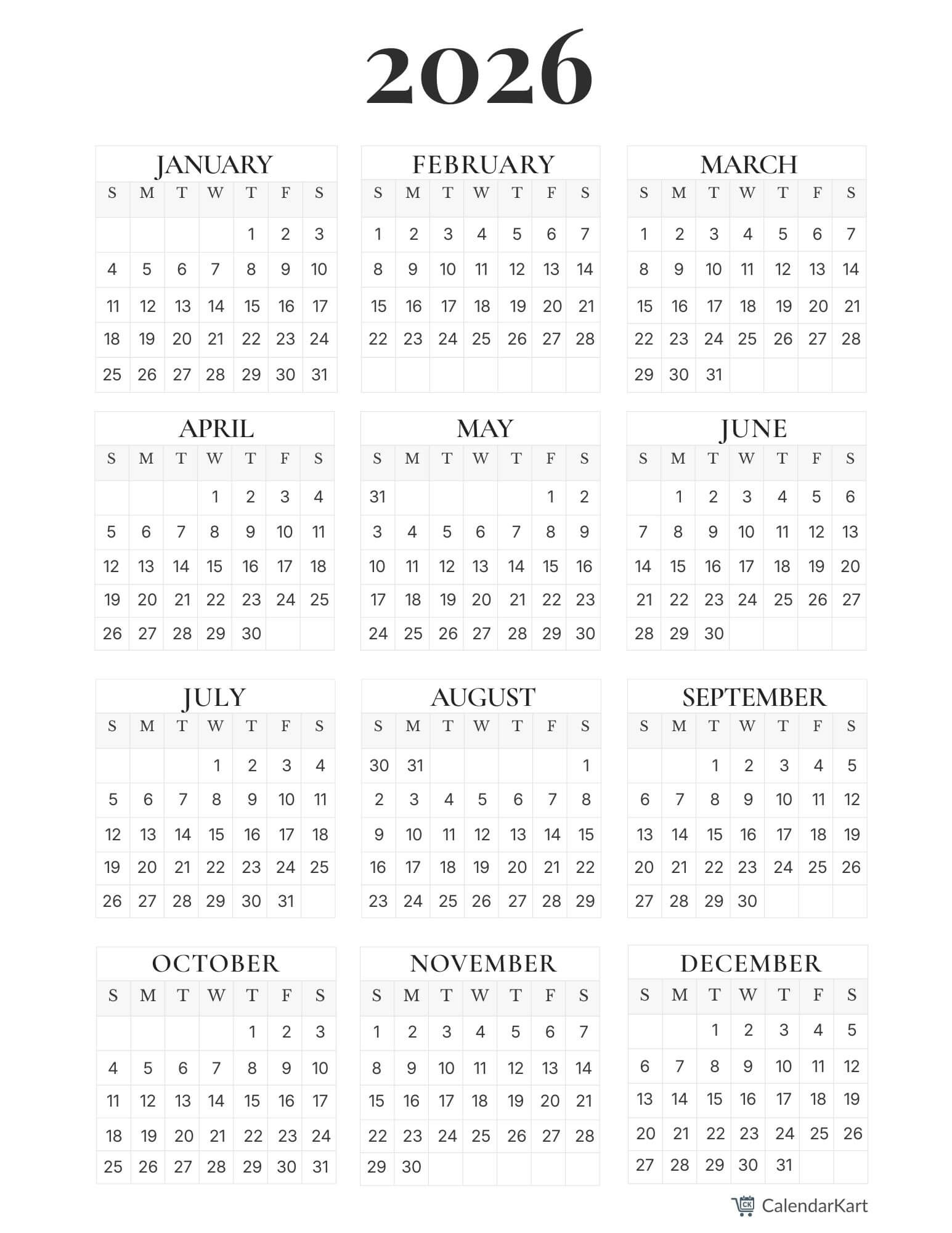 2026 Calendar Printable Template