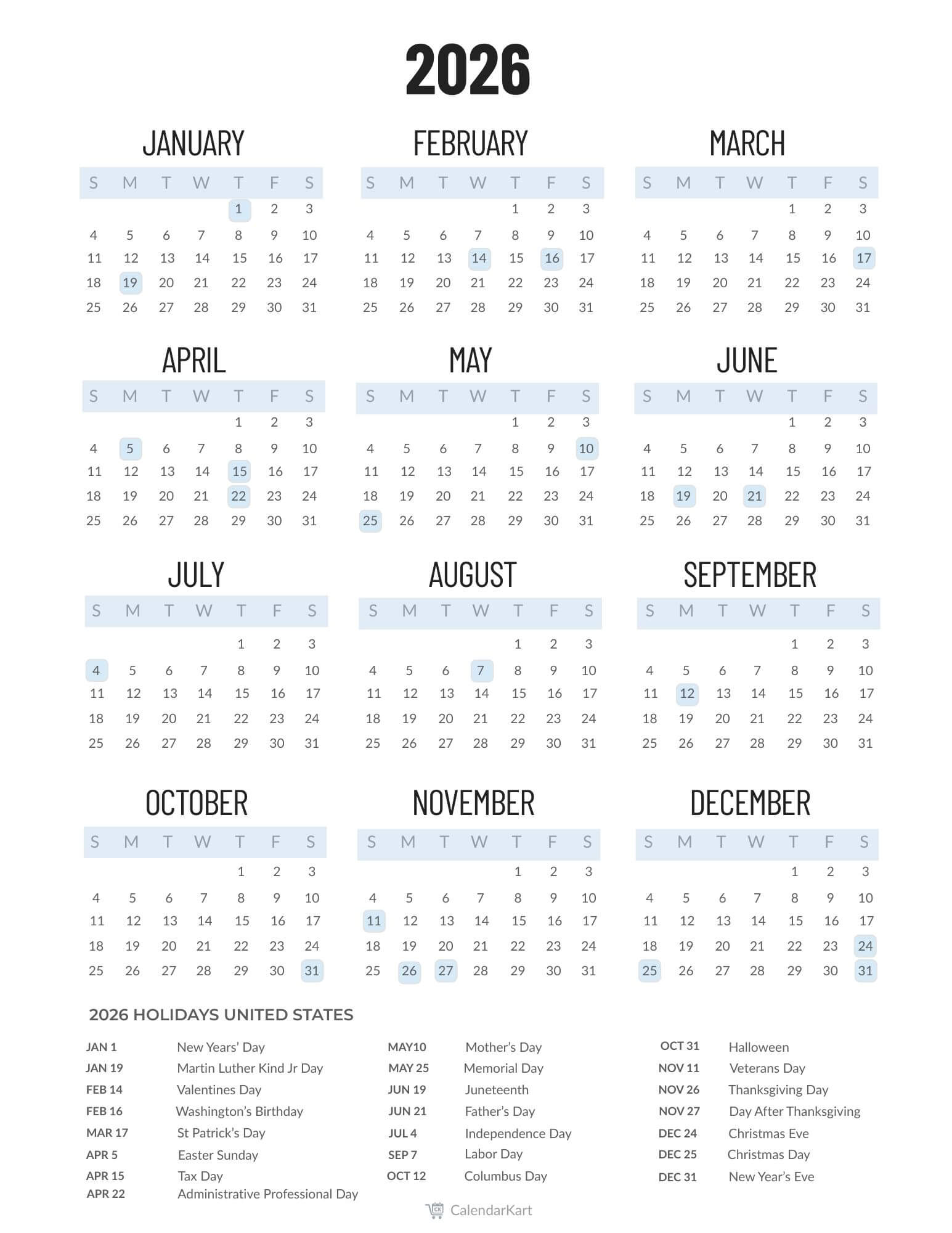 2026 Calendar with Holidays