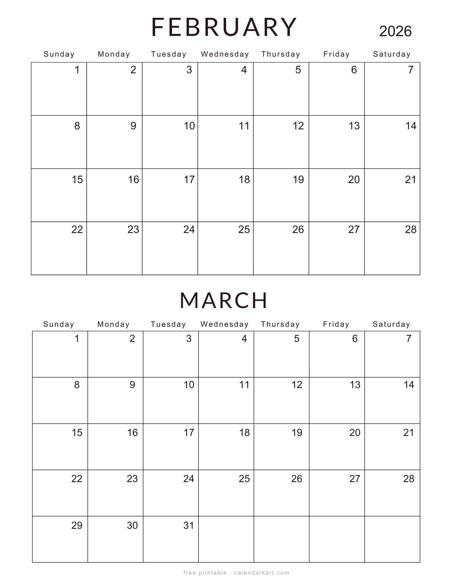 February March 2026 Classic Calendar