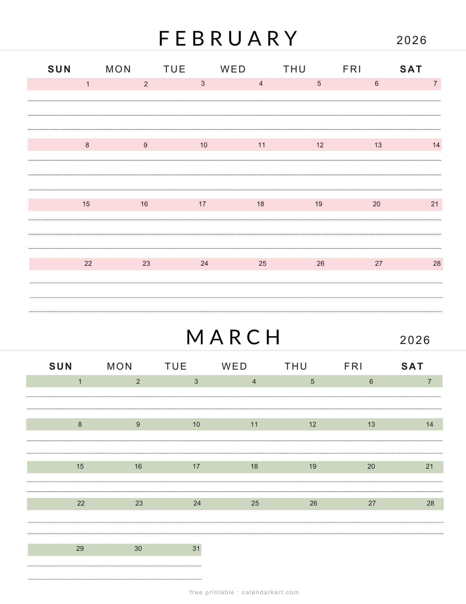 February March 2026 Lined Calendar Soft Pastel