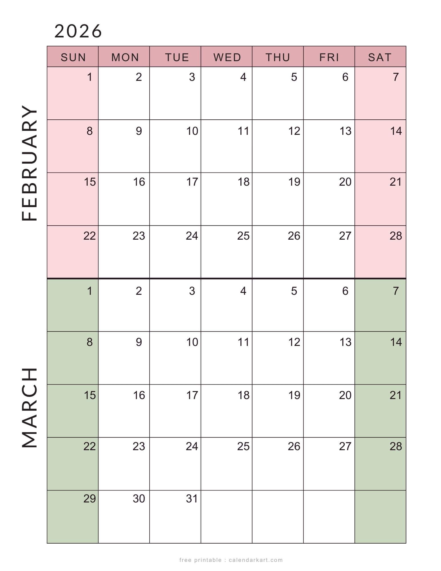 February March 2026 Minimal Calendar Soft Pastel