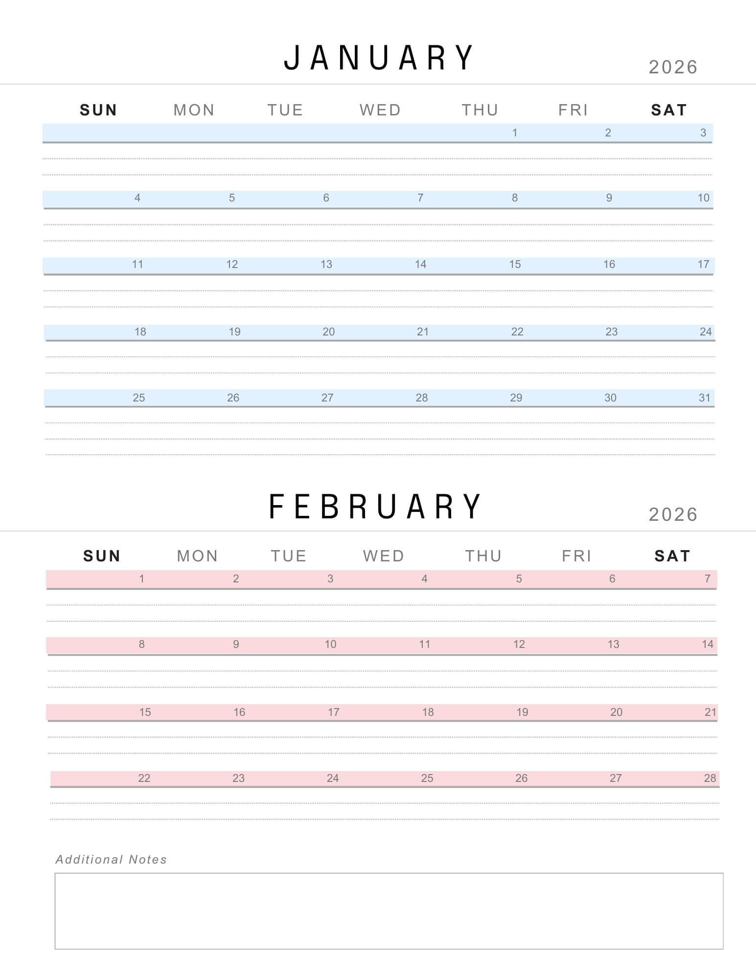 January February 2026 Calendar Lined Soft Pastel