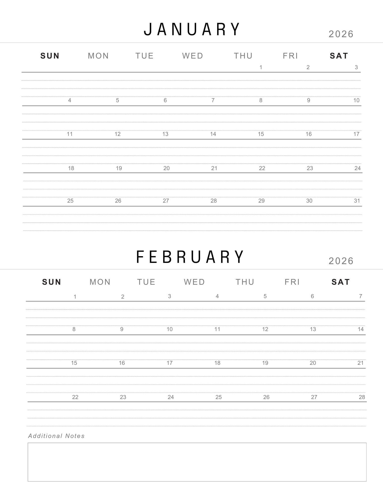 January February 2026 Calendar Lined