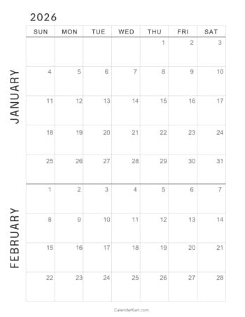 January February 2026 Calendar Minimal