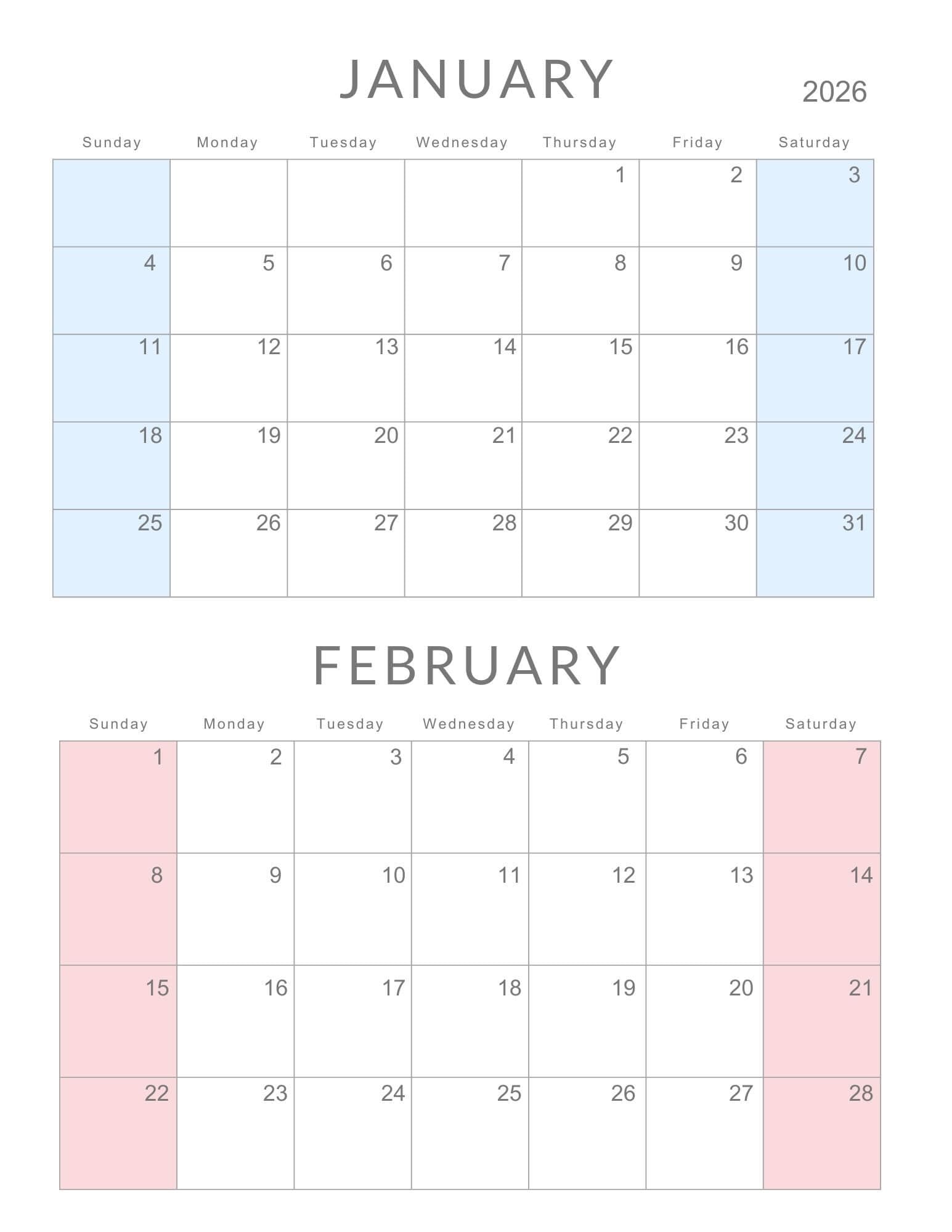 January February 2026 Calendar Standard Soft Pastel