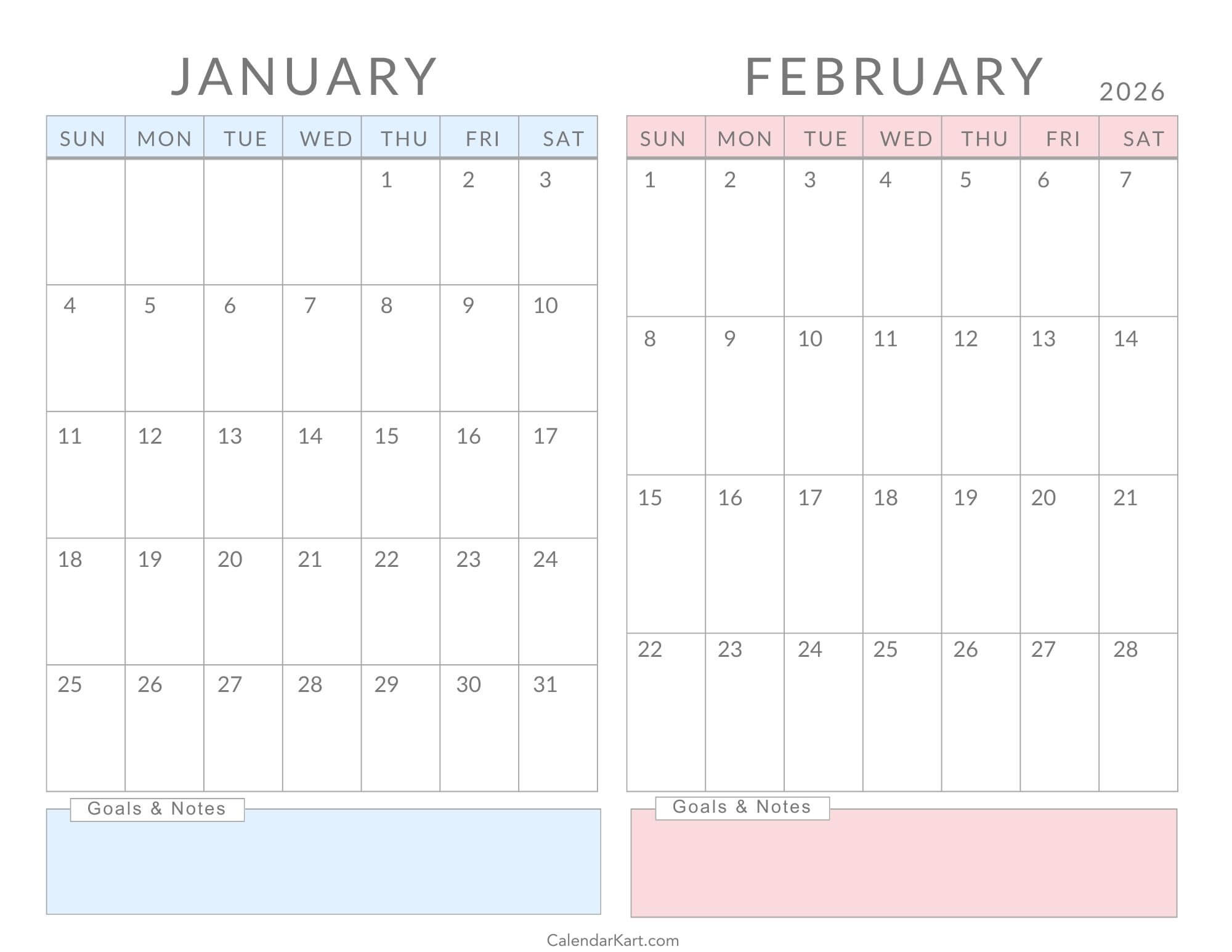 January February 2026 Calendar with Notes & Goals Soft Pastel