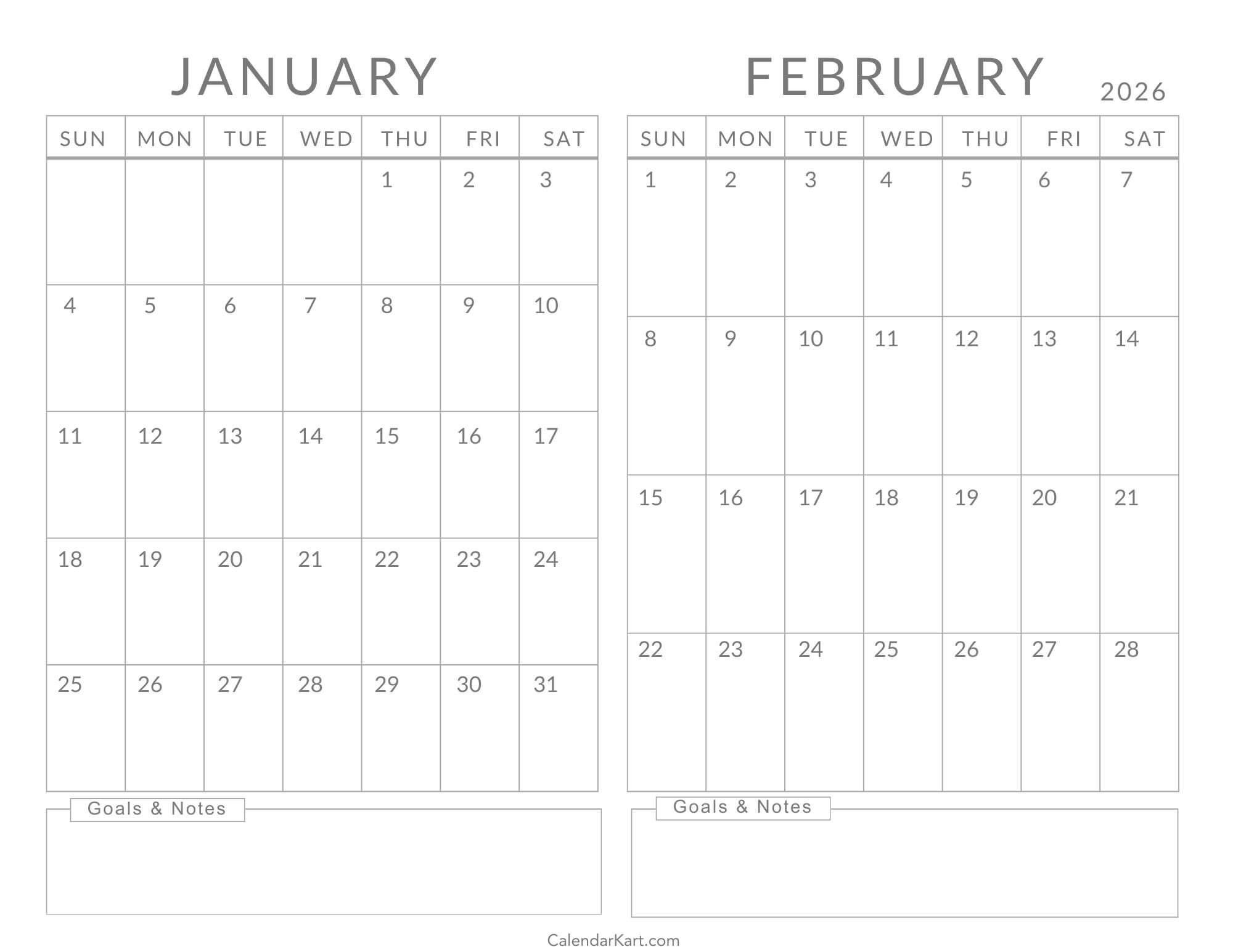 January February 2026 Calendar with Notes & Goals