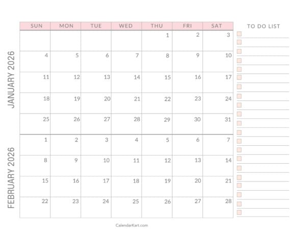January February 2026 Calendar with To Do List Soft Pastel