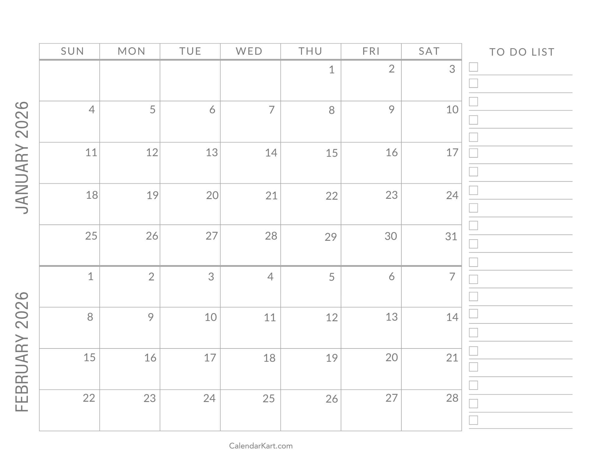 January February 2026 Calendar with To Do List