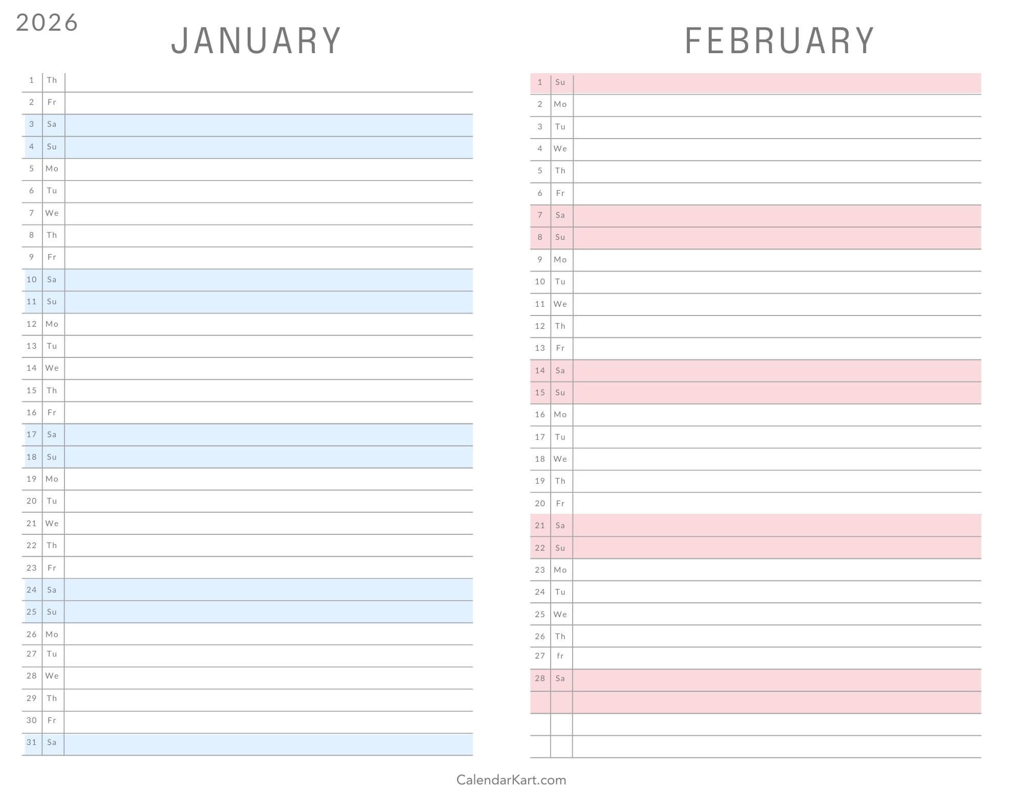 January February 2026 List View Calendar