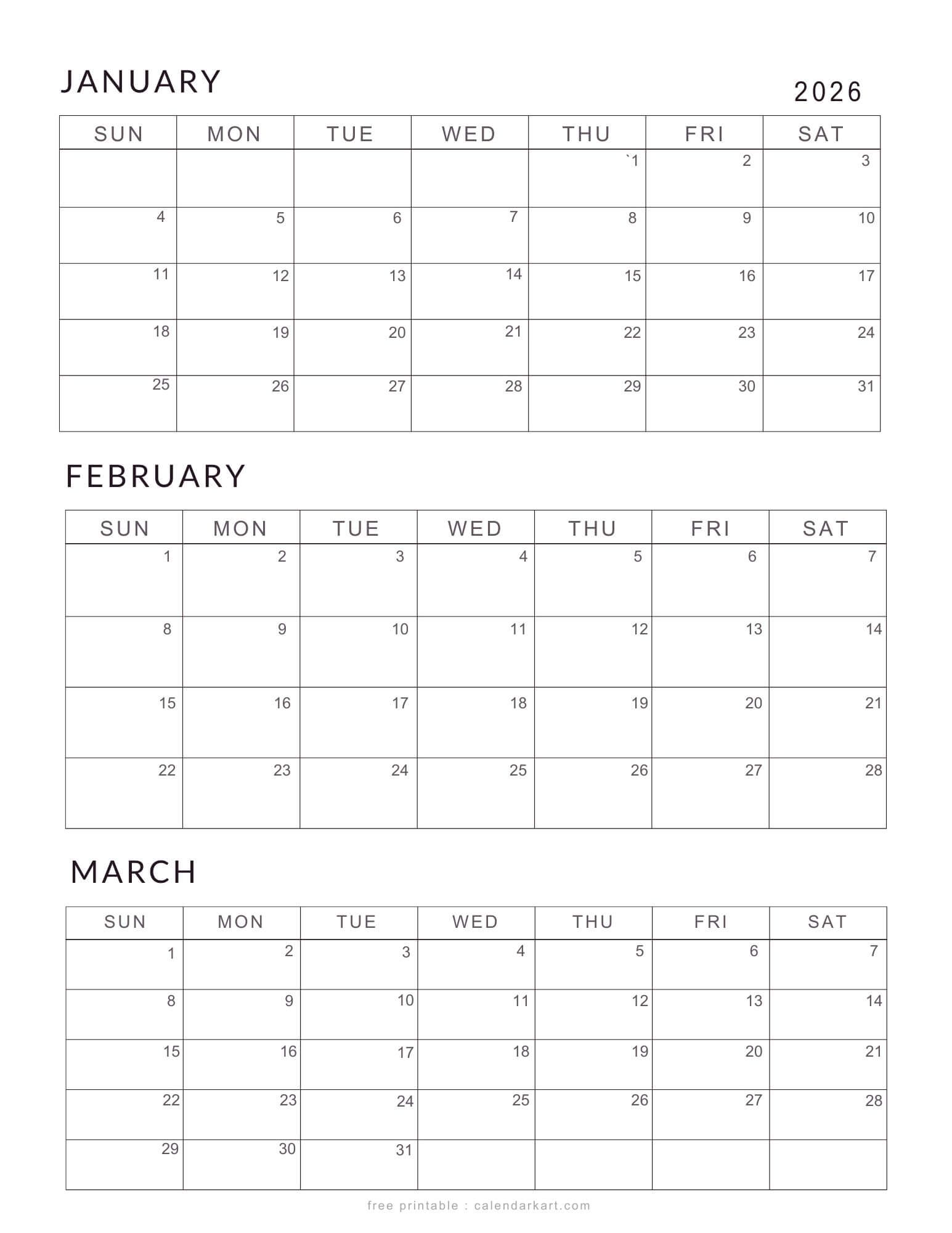 January-March 2026 Calendars Classic