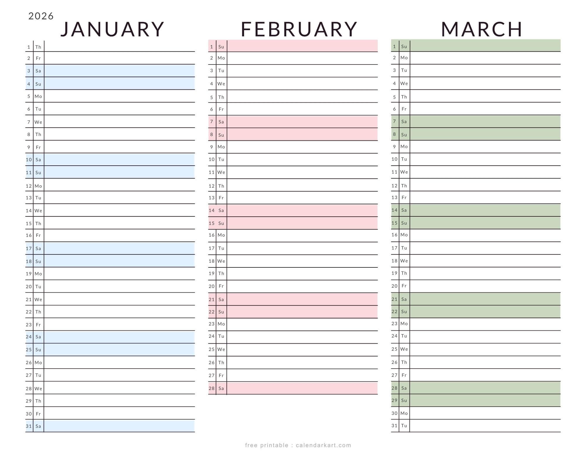 January-March 2026 Calendars List View Soft Pastel