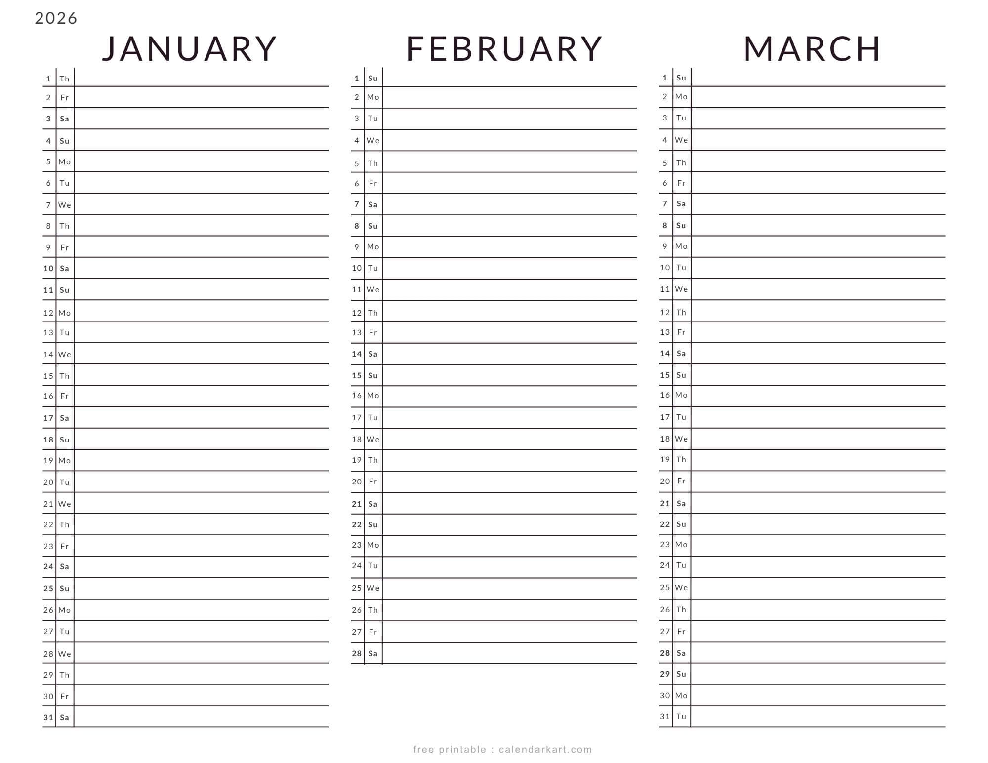 January-March 2026 Calendars List View