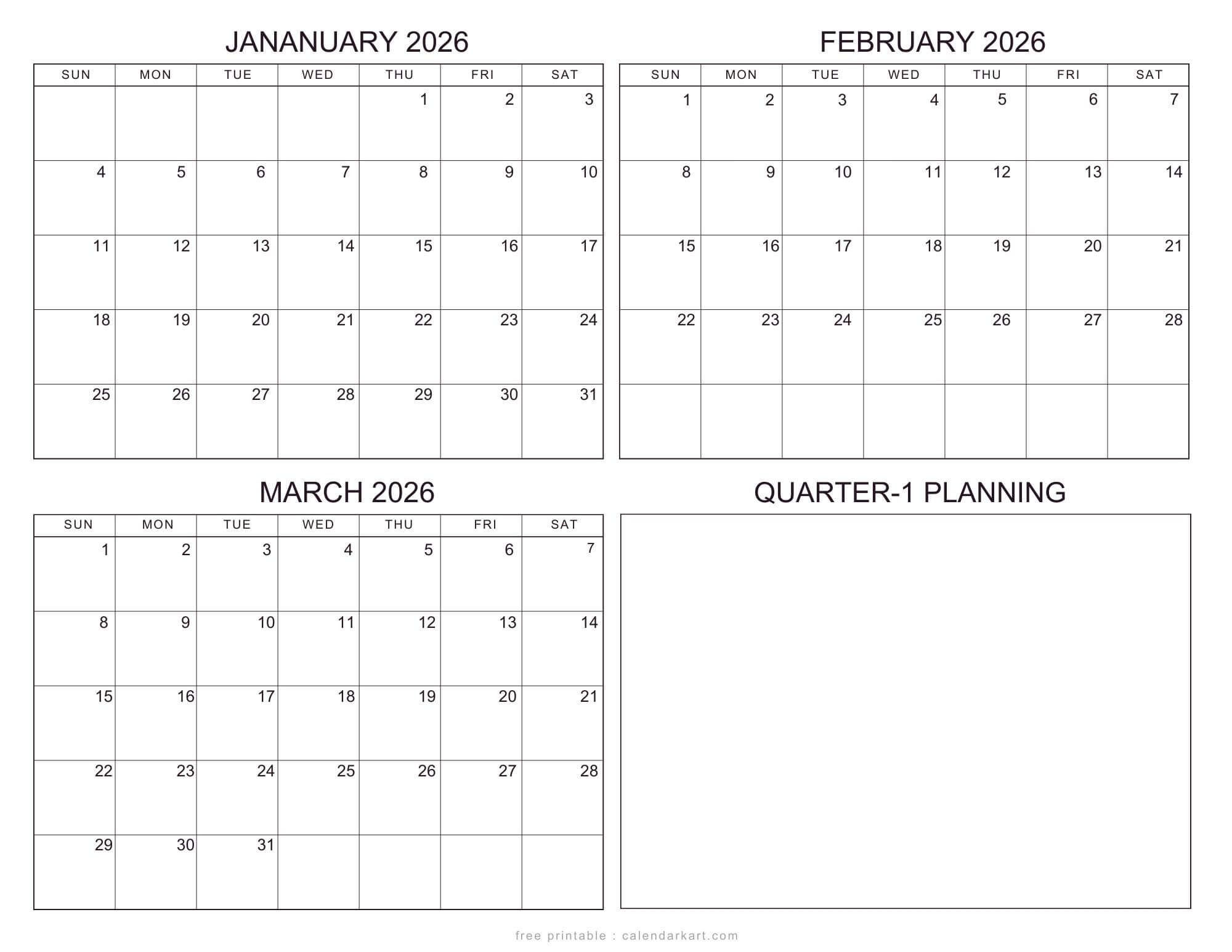 January-March 2026 Calendars Standard