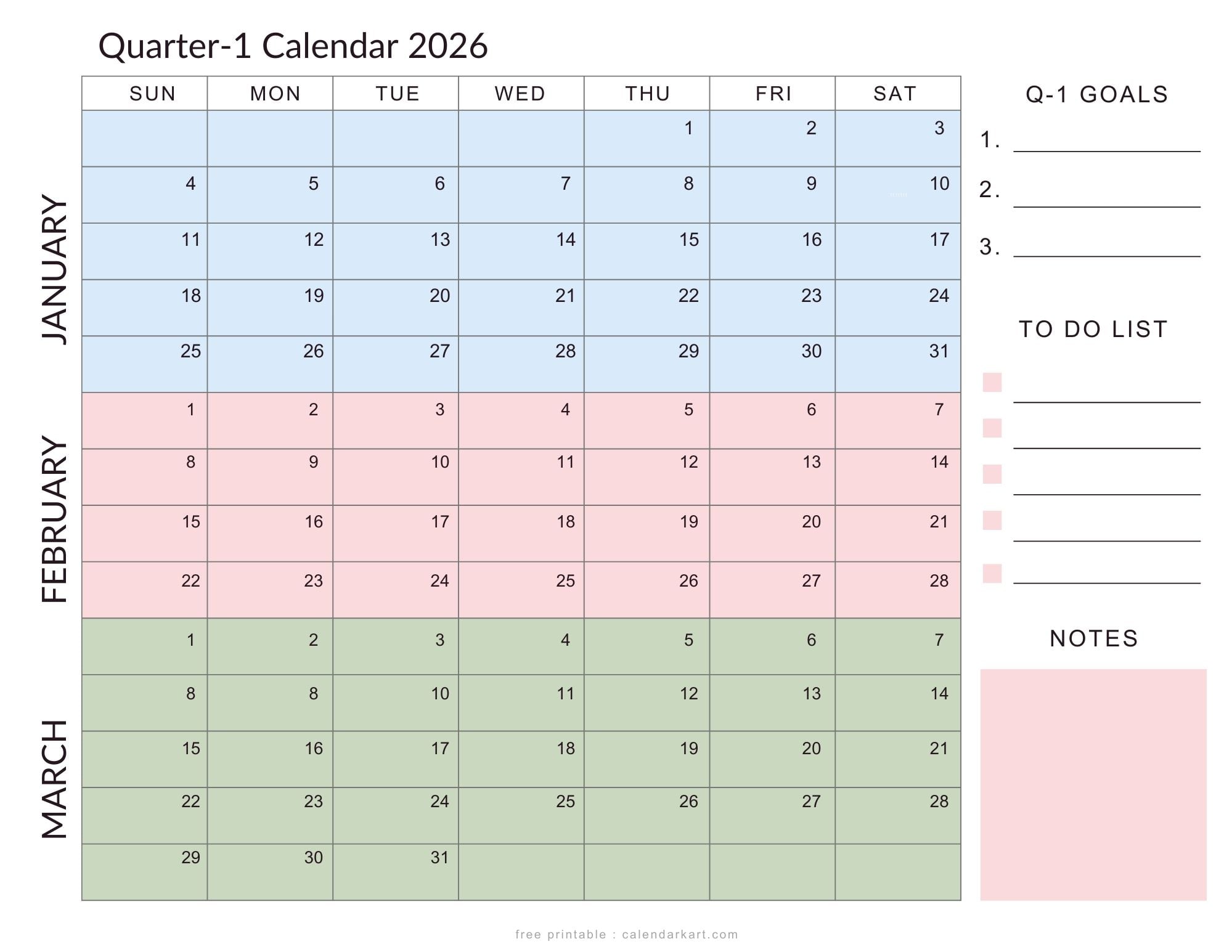 January-March 2026 Q-1 Planners Soft Pastel