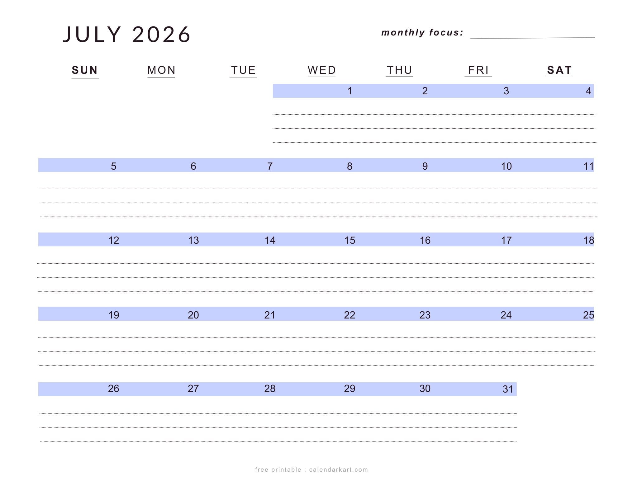 July 2026 Printable Calendar 2 Page Monthly