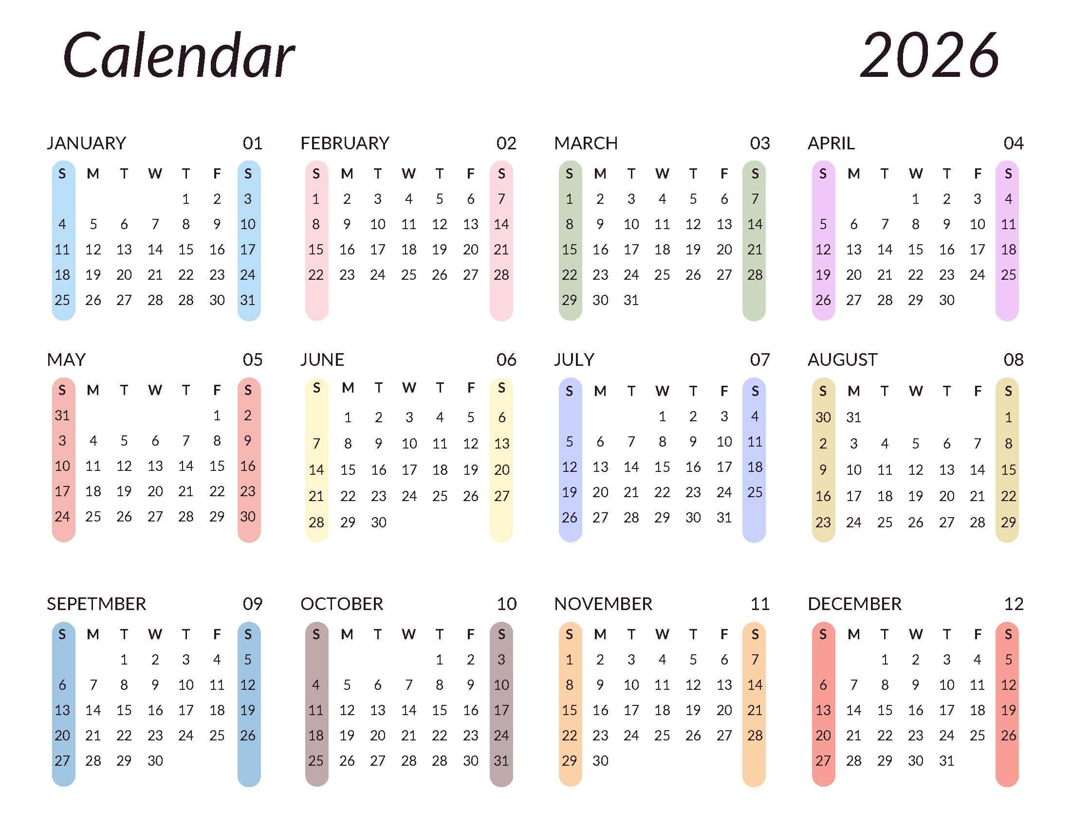 Printable 2026 Calendar Template Style 1