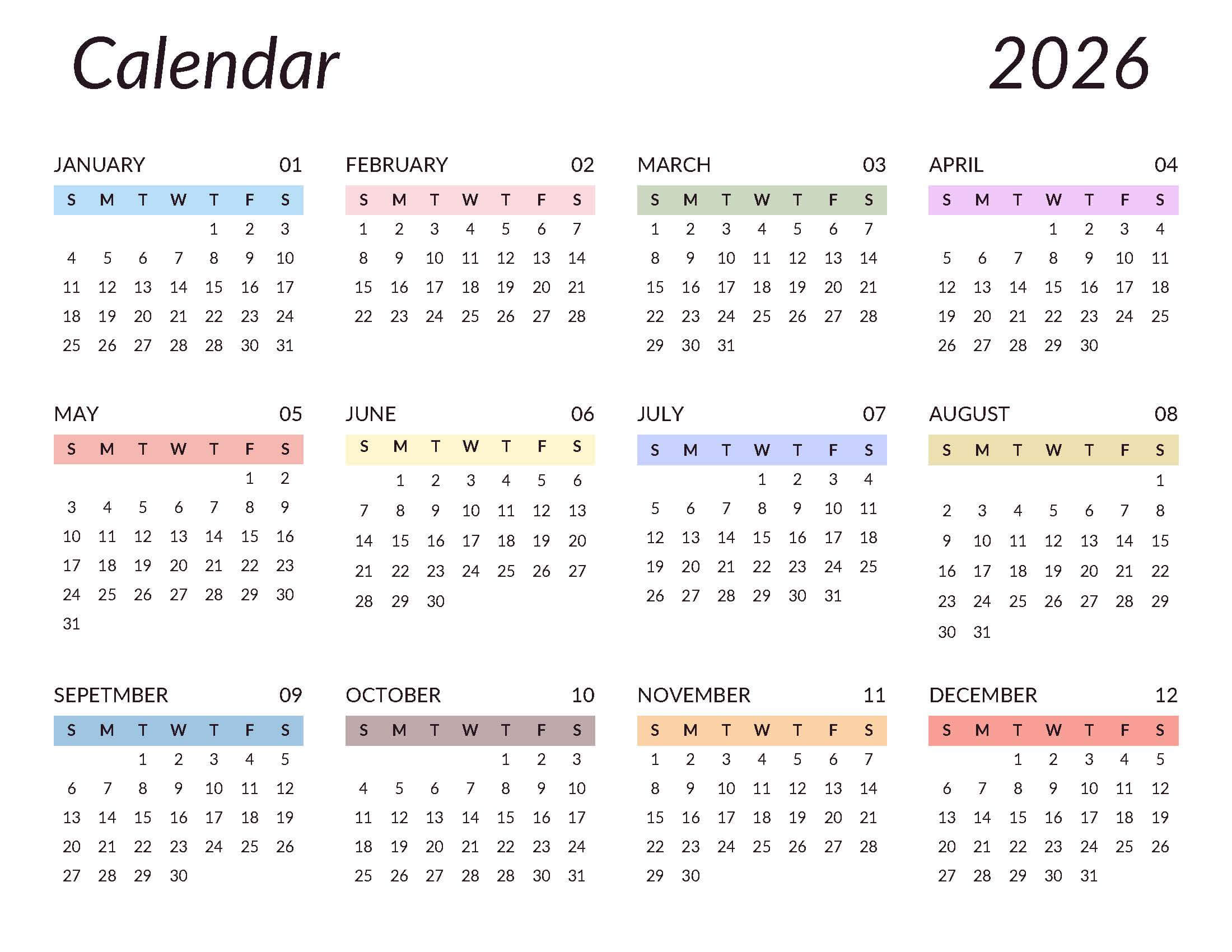 Printable 2026 Calendar Template Style 3