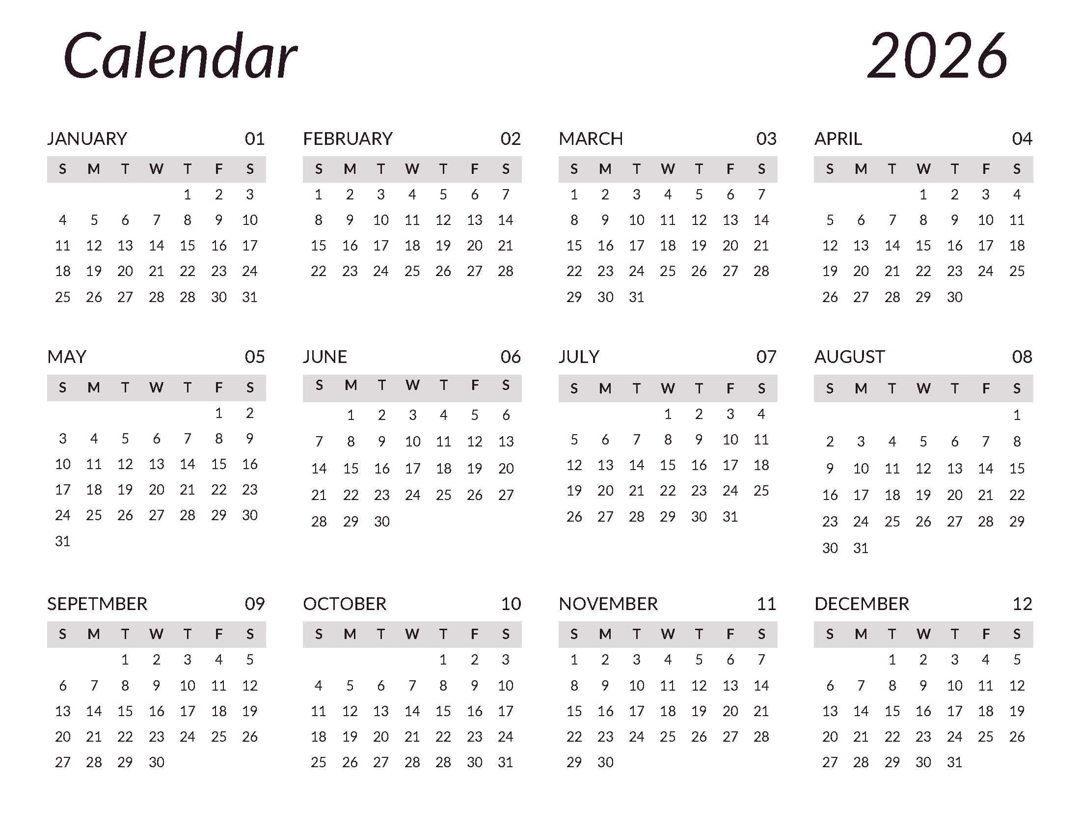 Printable 2026 Calendar Template Style 4
