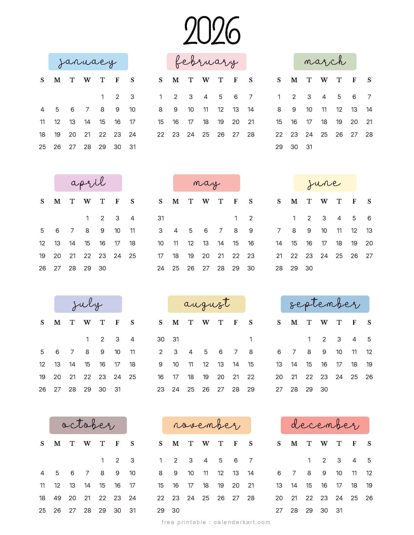 Printable 2026 Calendar Template Style 5