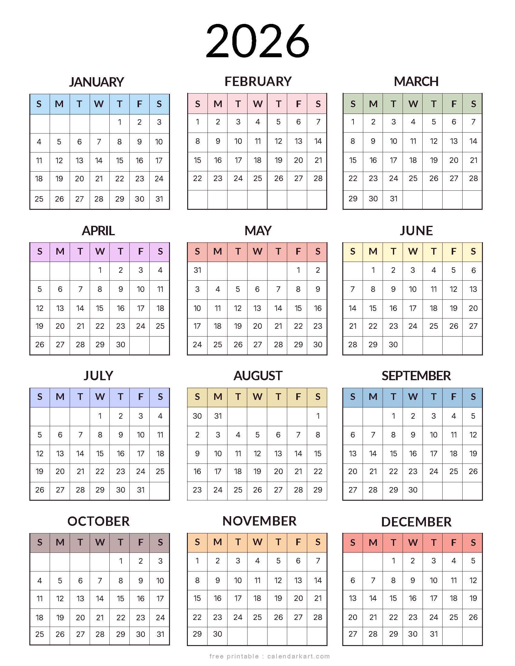Printable 2026 Calendar Template Style 8