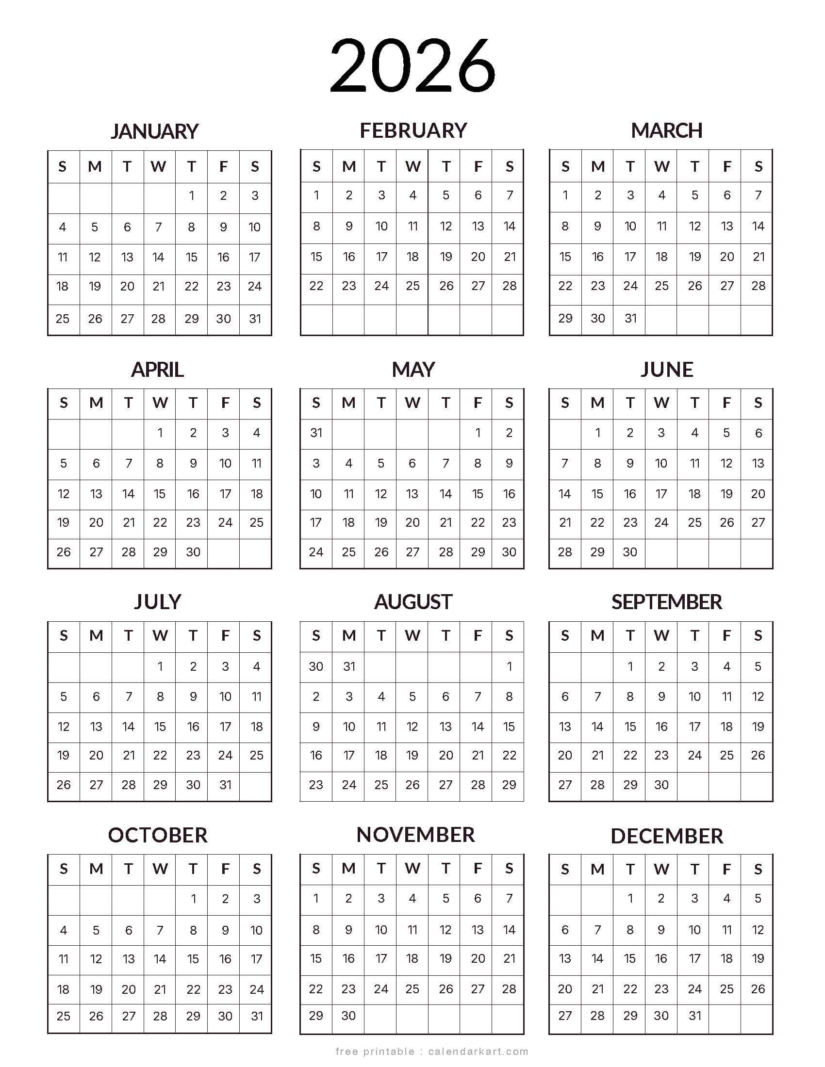 Printable 2026 Calendar Template Style 9