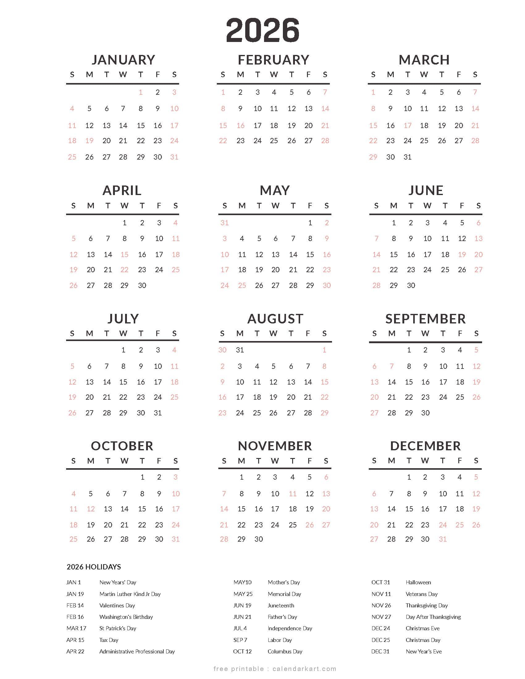 Printable 2026 Calendar with US Holidays