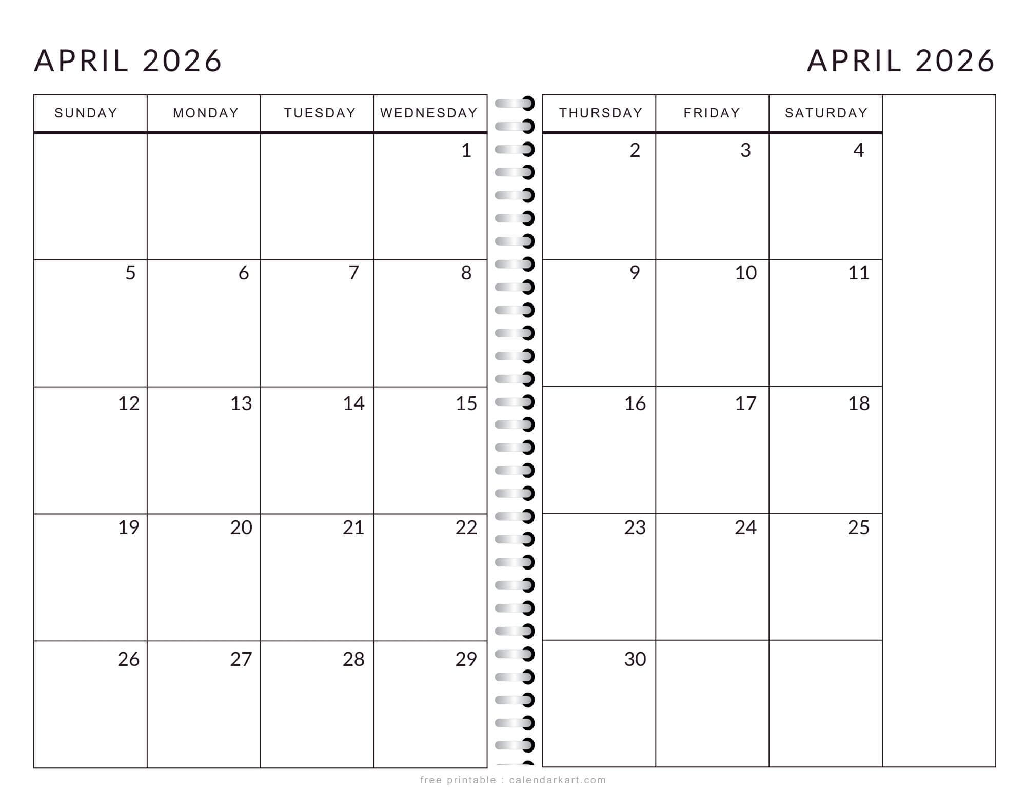 Printable April 2026 Calendar 2 Page Monthly