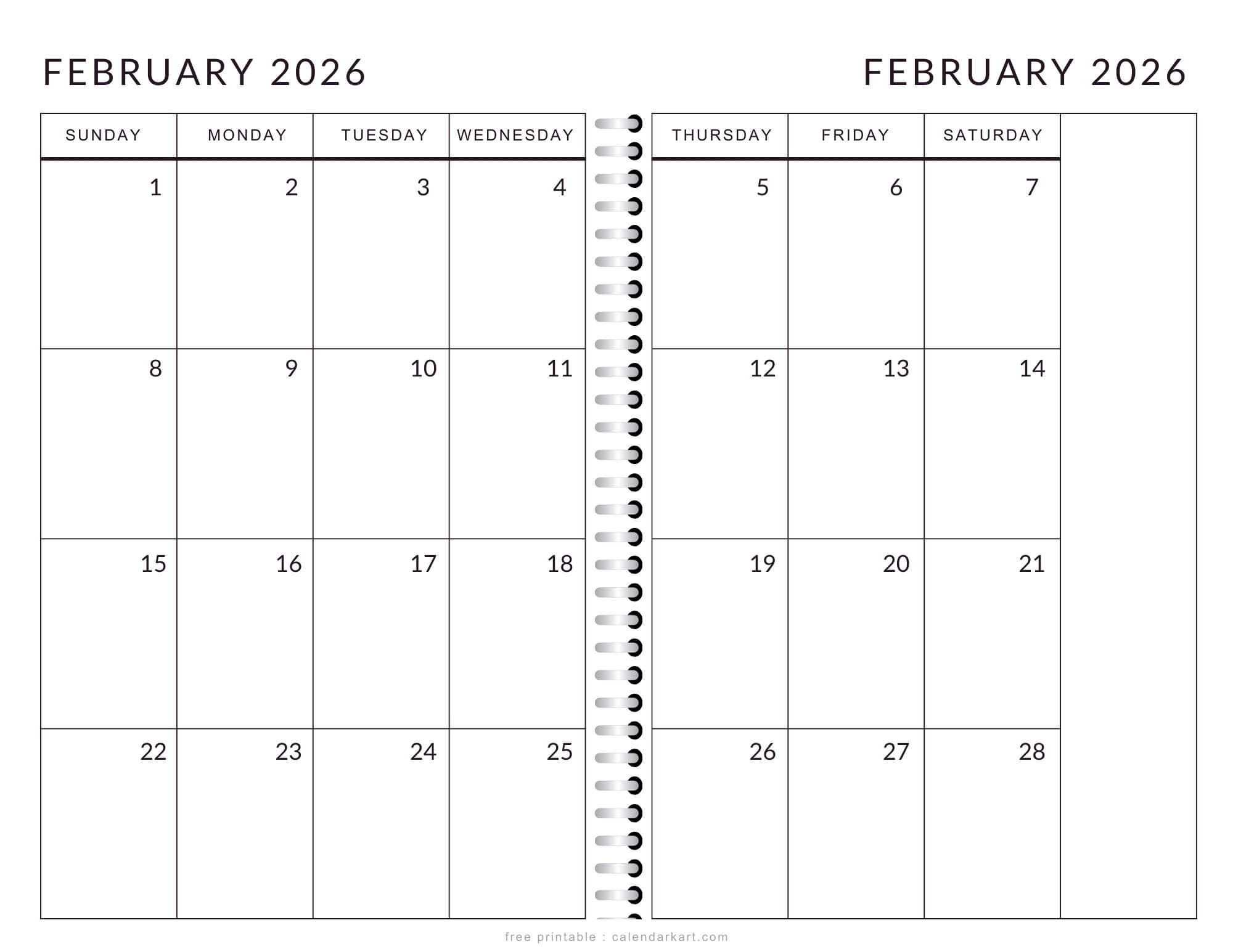 Printable February 2026 Calendar 2 Page Monthly