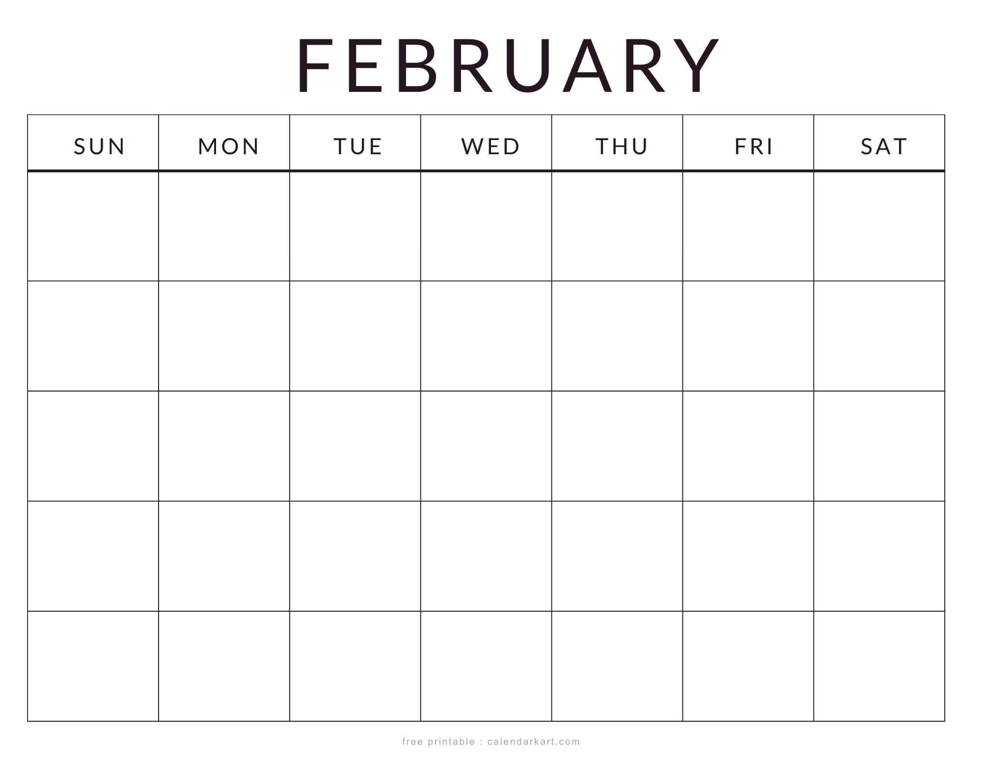 Printable February 2026 Calendar Blank Monthly