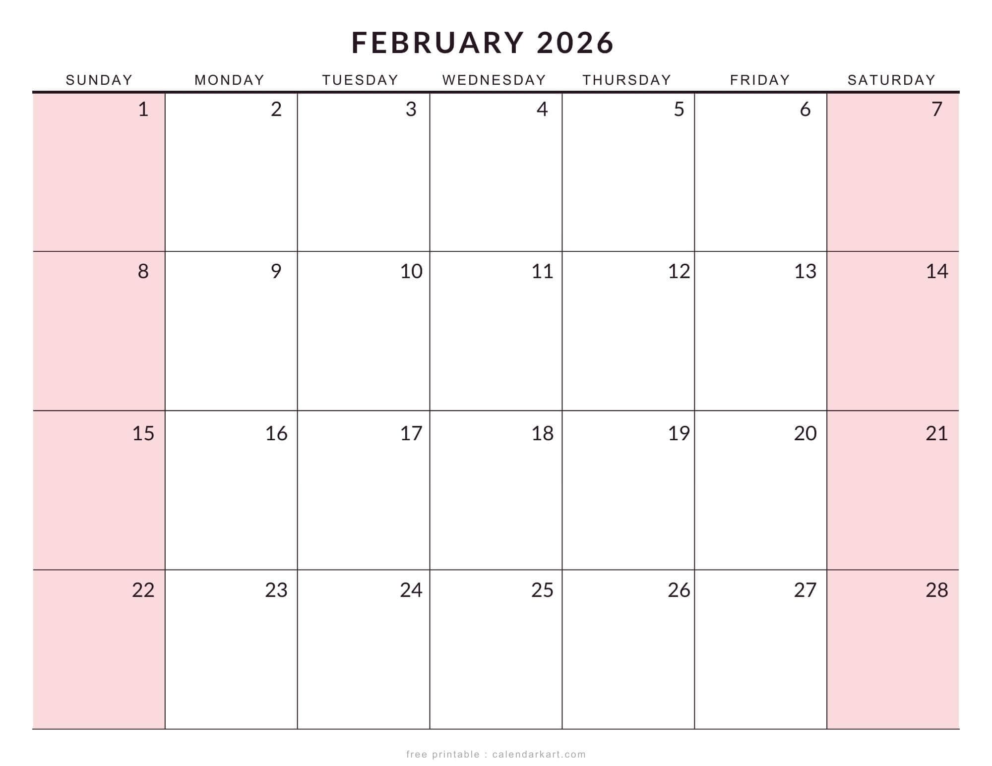 Printable February 2026 Calendar Extra Large Monthly Soft Pastel