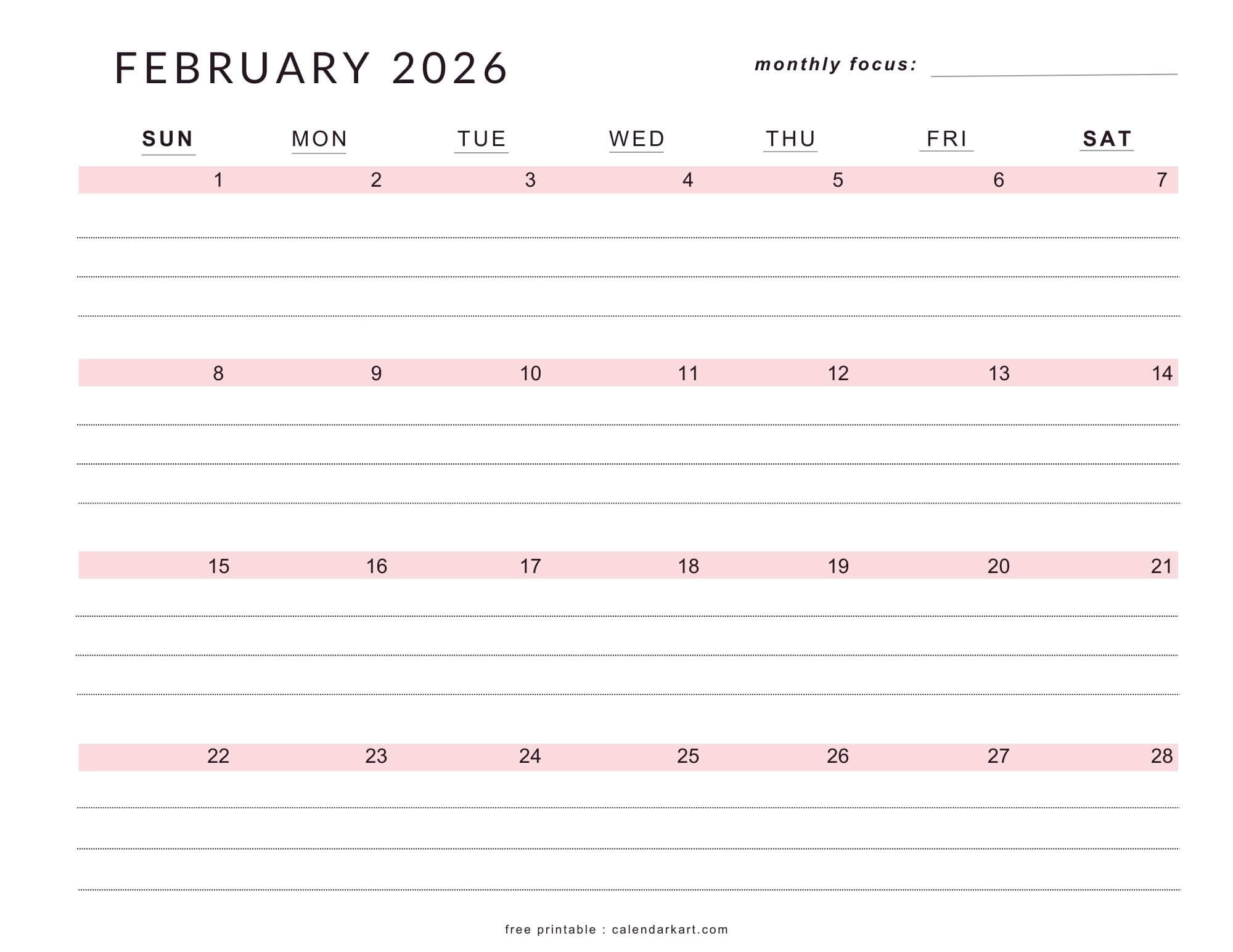 Printable February 2026 Lined Calendar Soft Pastel