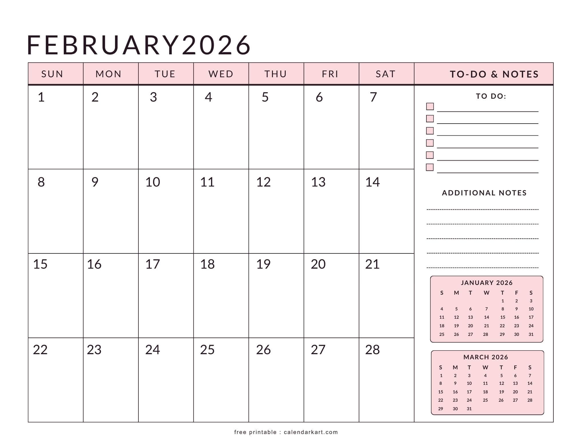Printable February 2026 Planner Calendar Soft Pastel