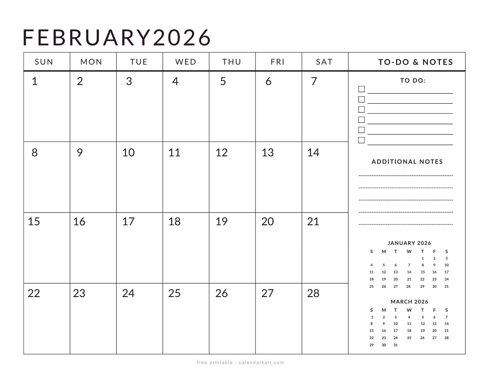 Printable February 2026 Planner Calendar
