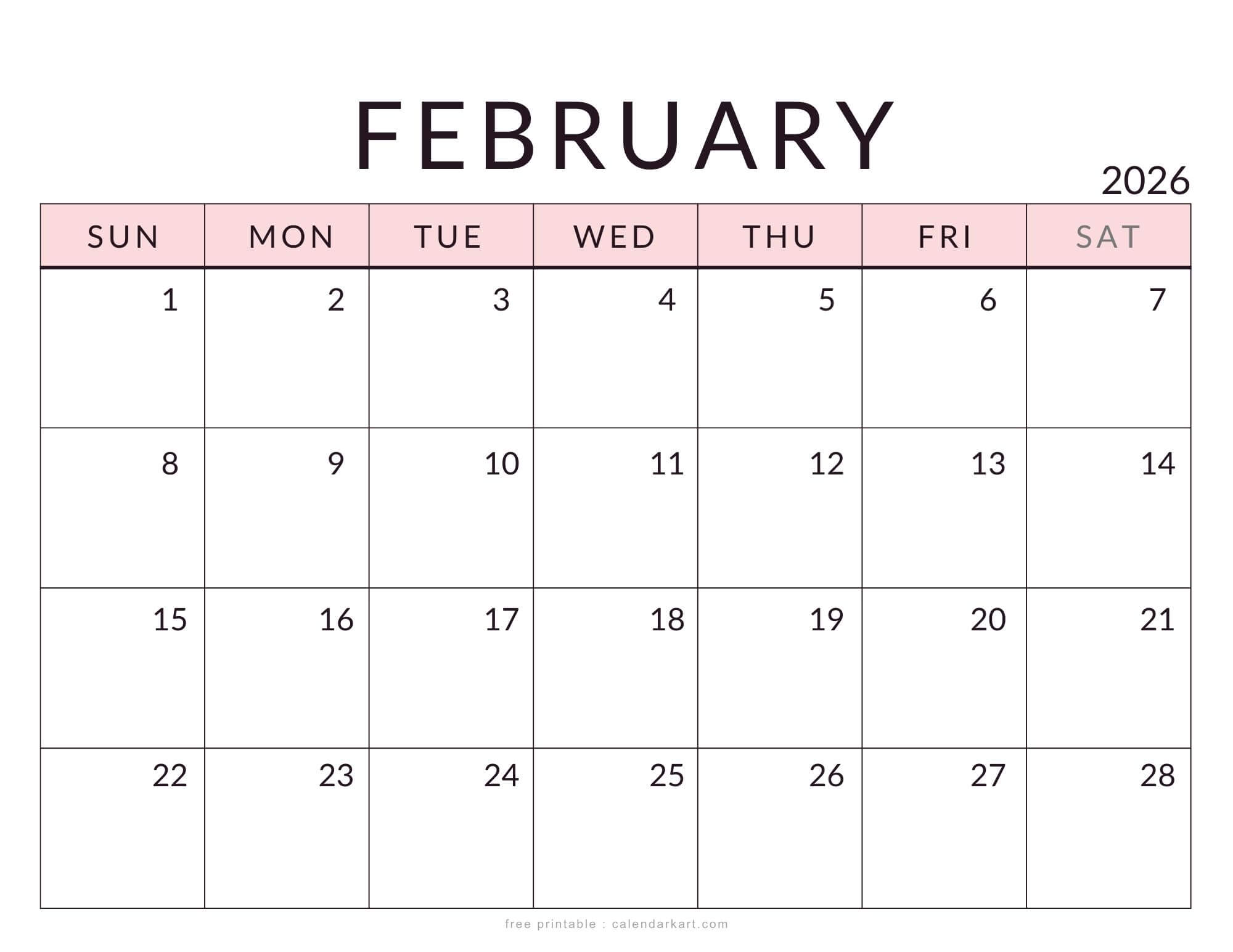 Printable February 2026 Standard Calendar Soft Pastel