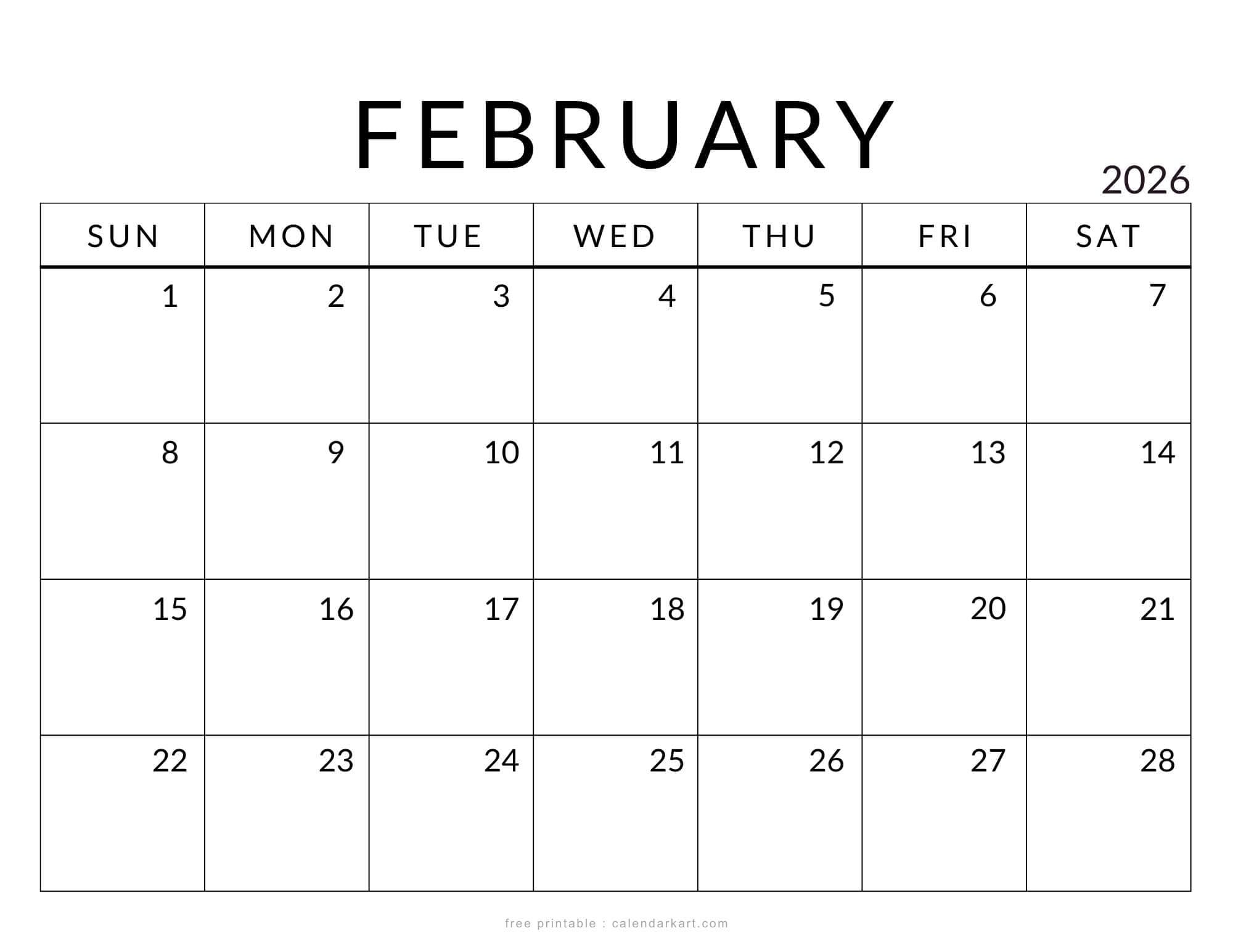 Printable February 2026 Standard Calendar