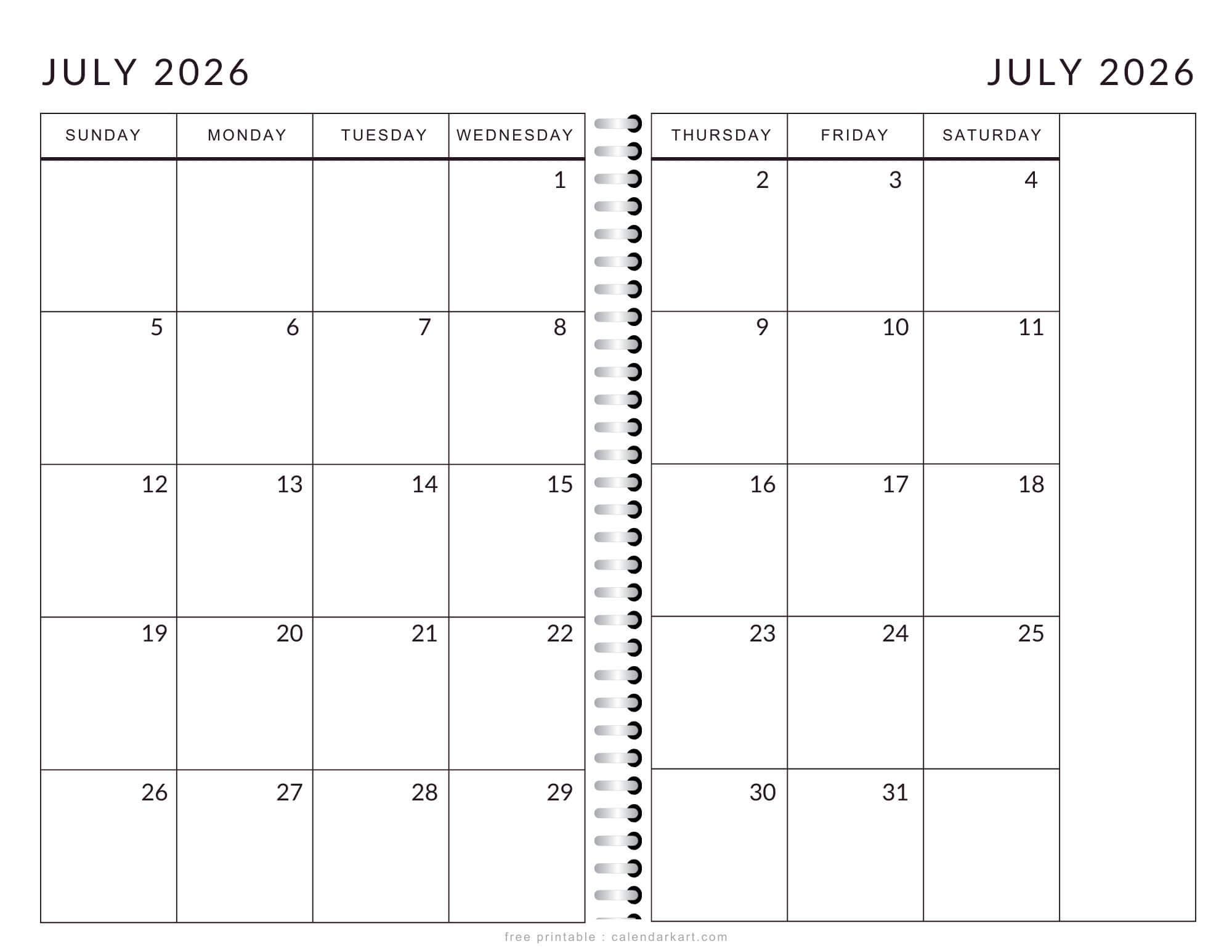 Printable July 2026 Calendar 2 Page Monthly
