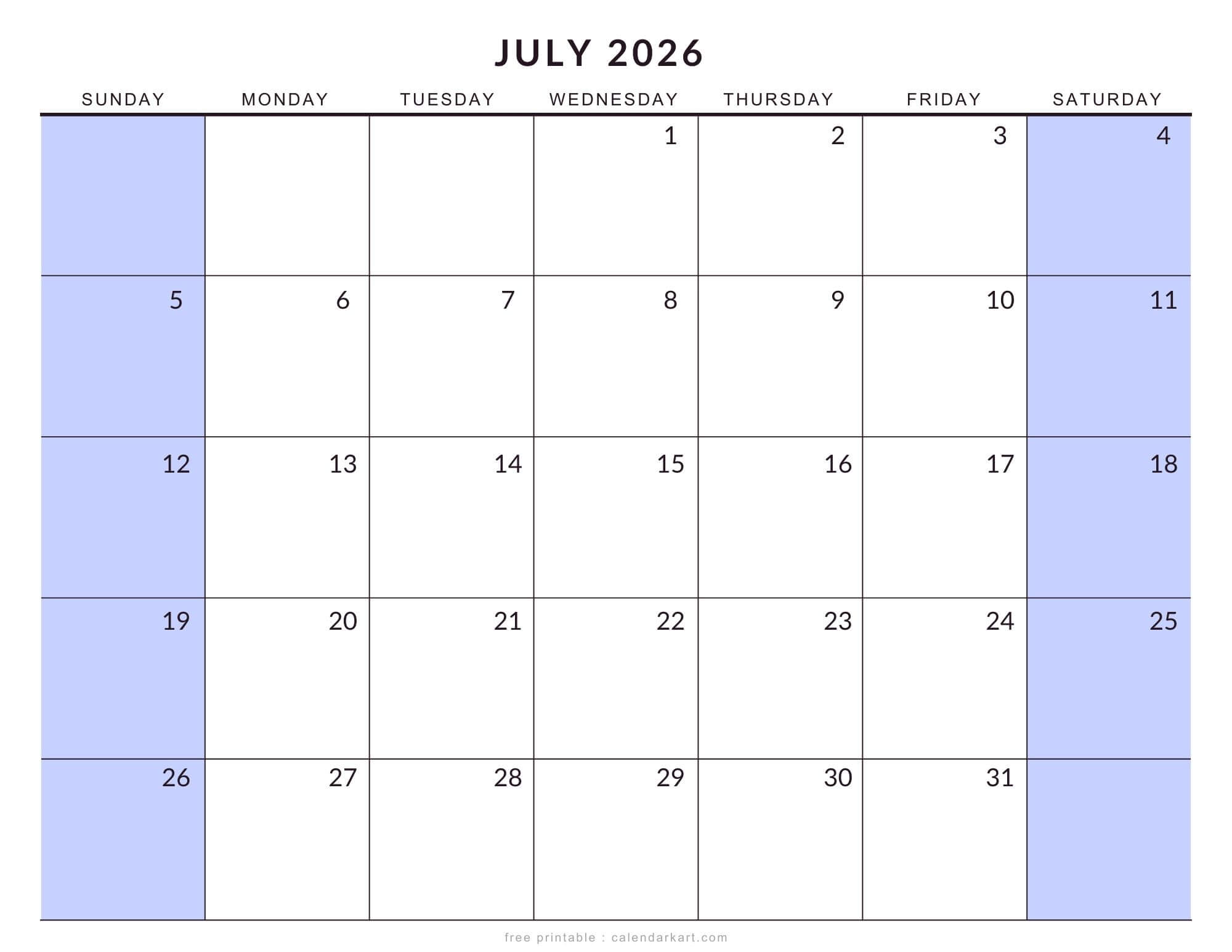 Printable July 2026 Calendar Extra Large Monthly Soft Pastel