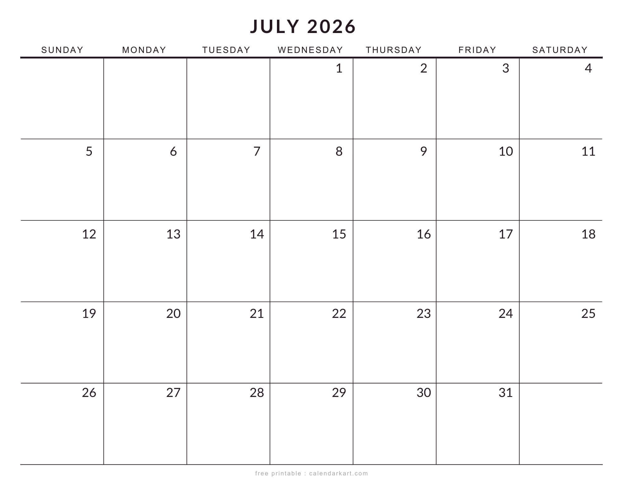 Printable July 2026 Calendar Extra Large Monthly