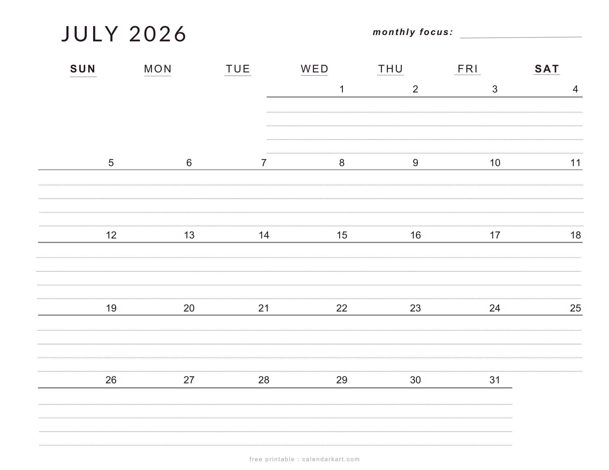 Printable July 2026 Lined Calendar