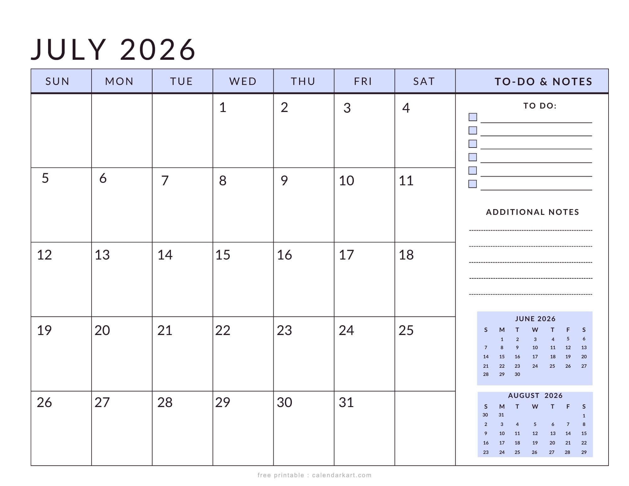 Printable July 2026 Planner Calendar Soft Pastel