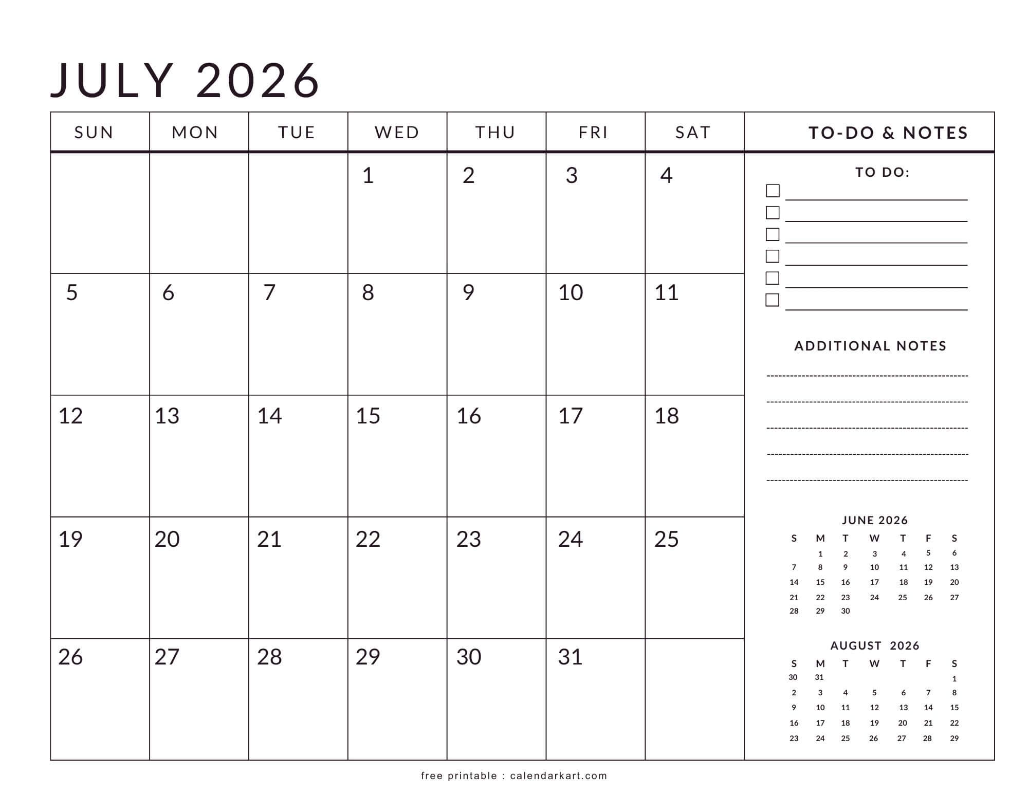 Printable July 2026 Planner Calendar