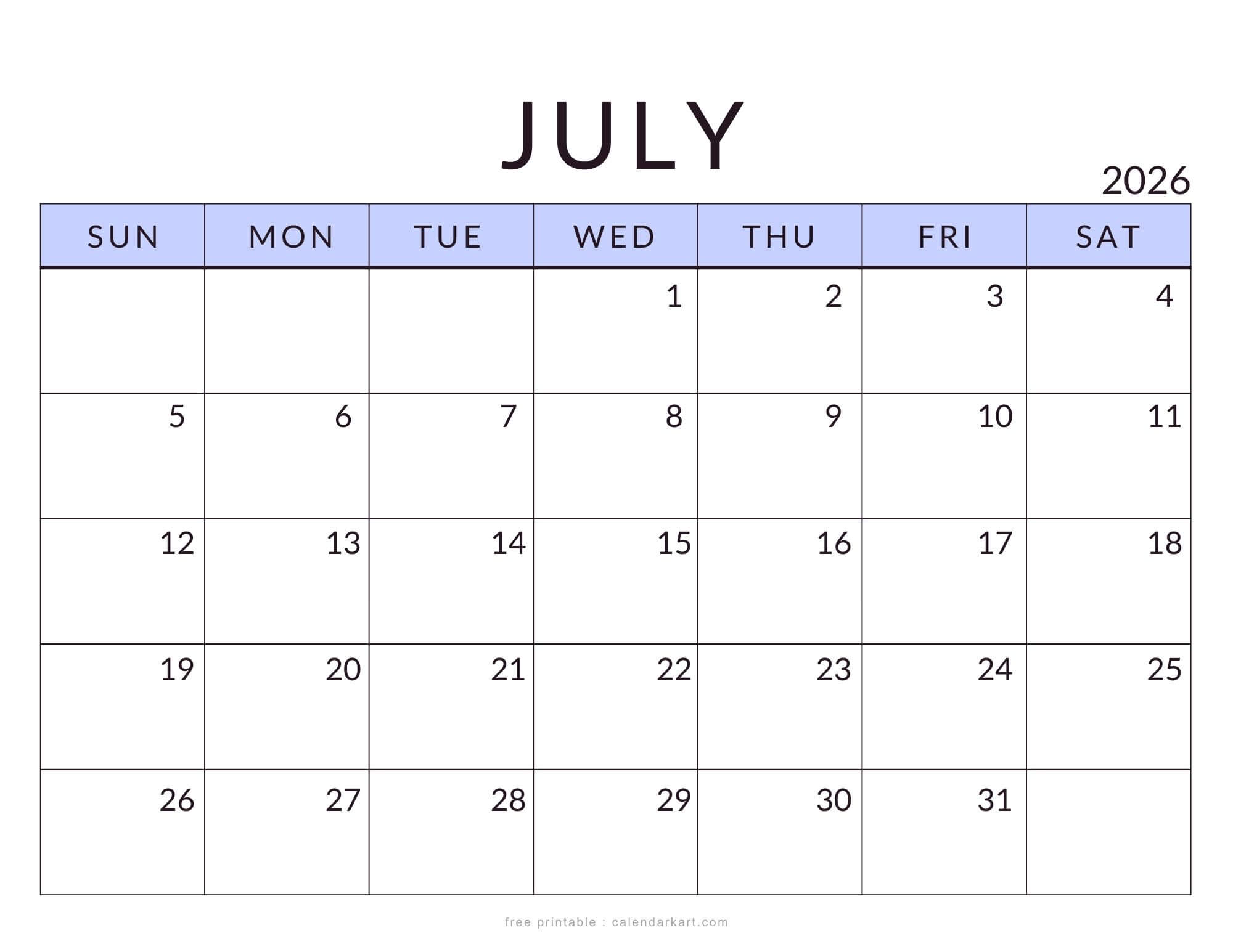 Printable July 2026 Standard Calendar Soft Pastel