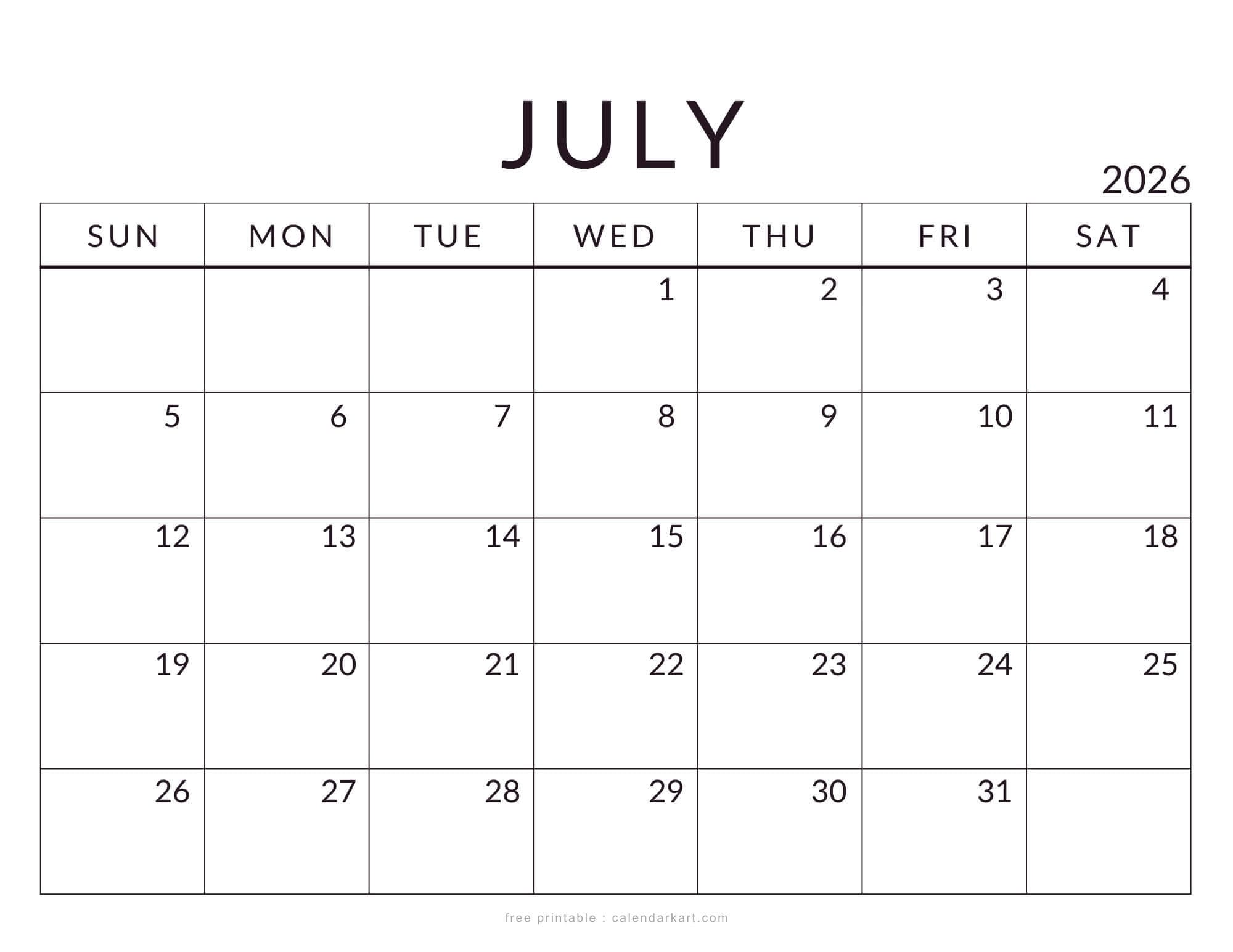 Printable July 2026 Standard Calendar