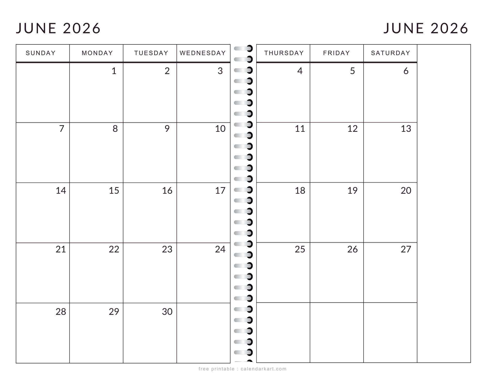 Printable June 2026 Calendar 2 Page Monthly