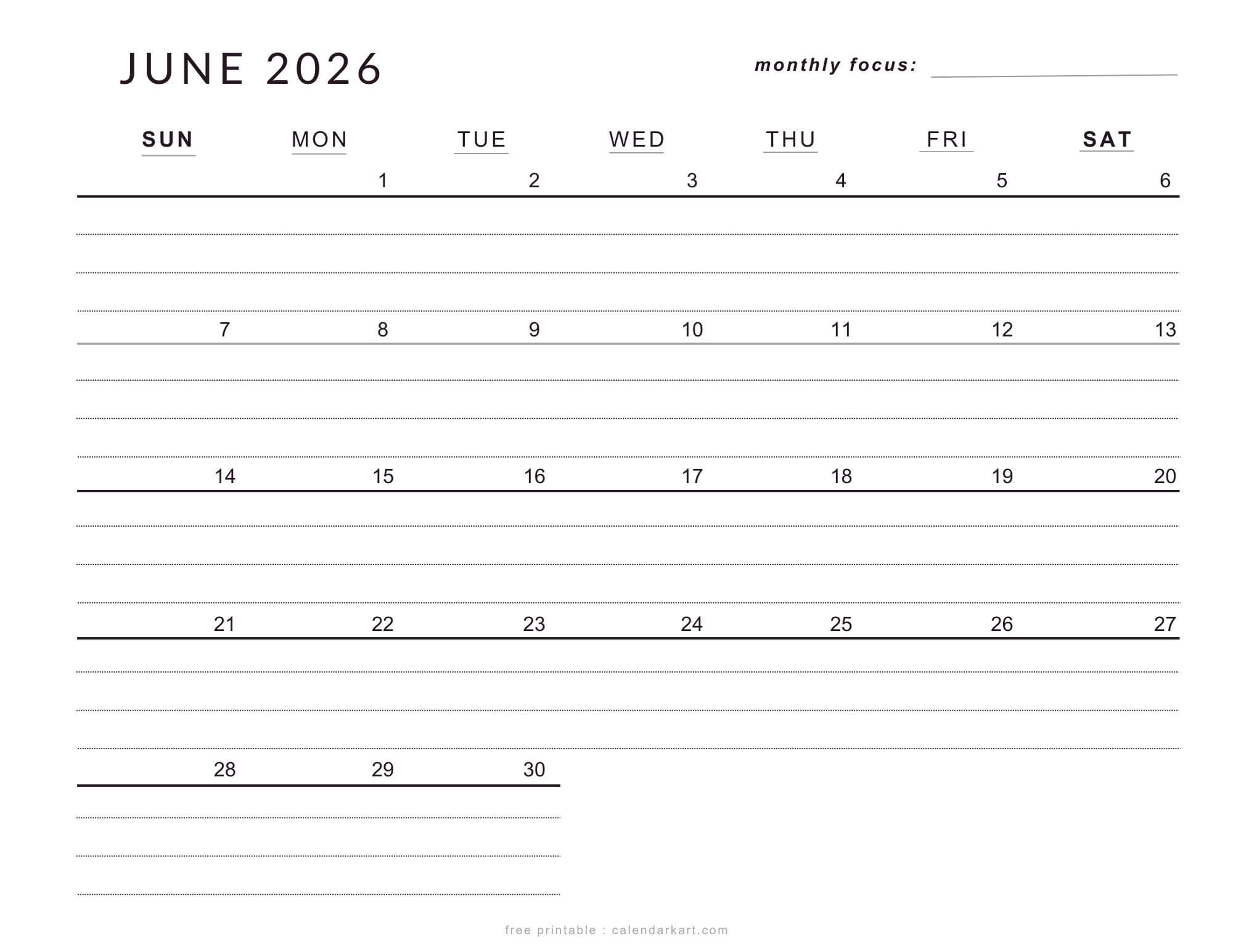 Printable June 2026 Lined Calendar