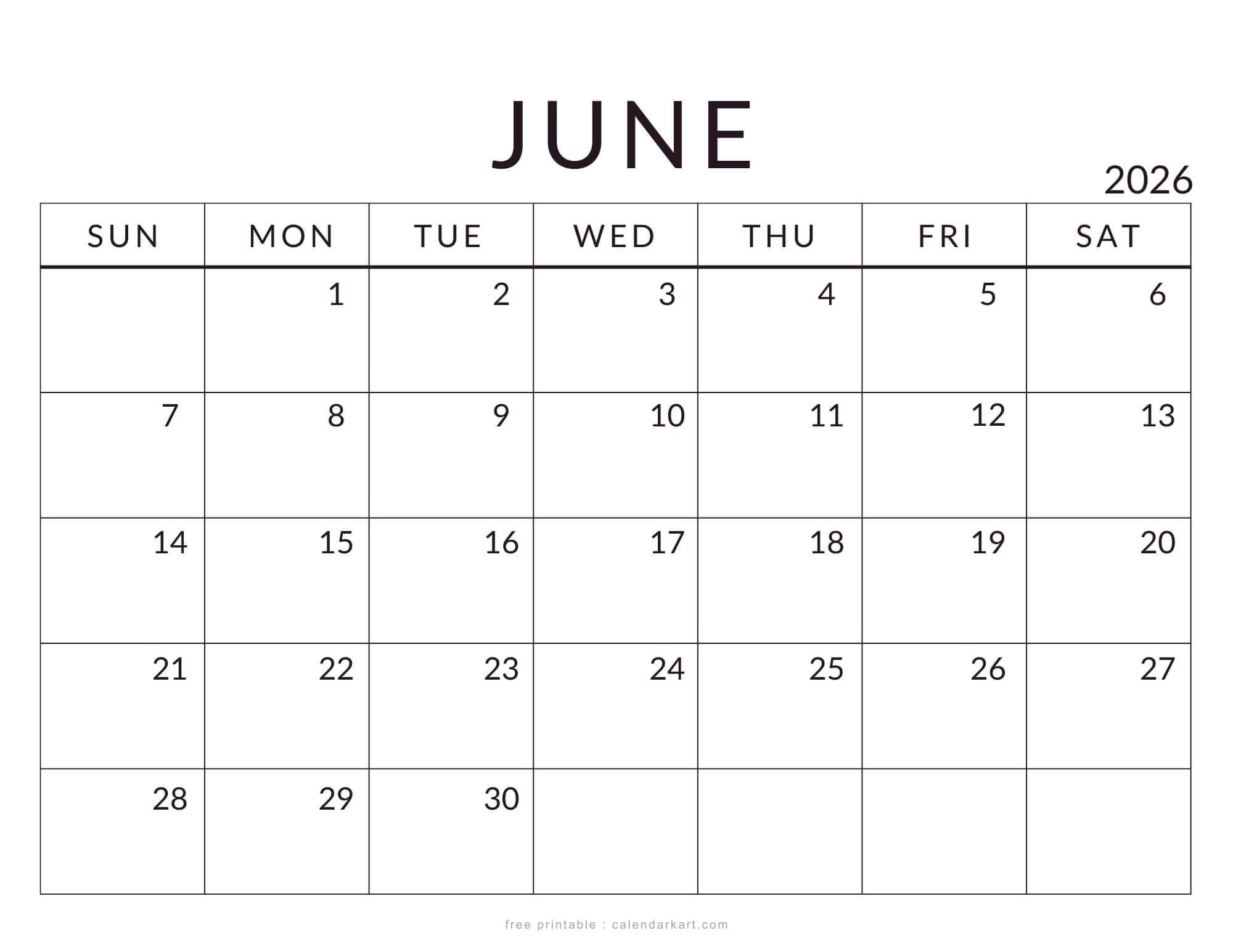Printable June 2026 Standard Calendar