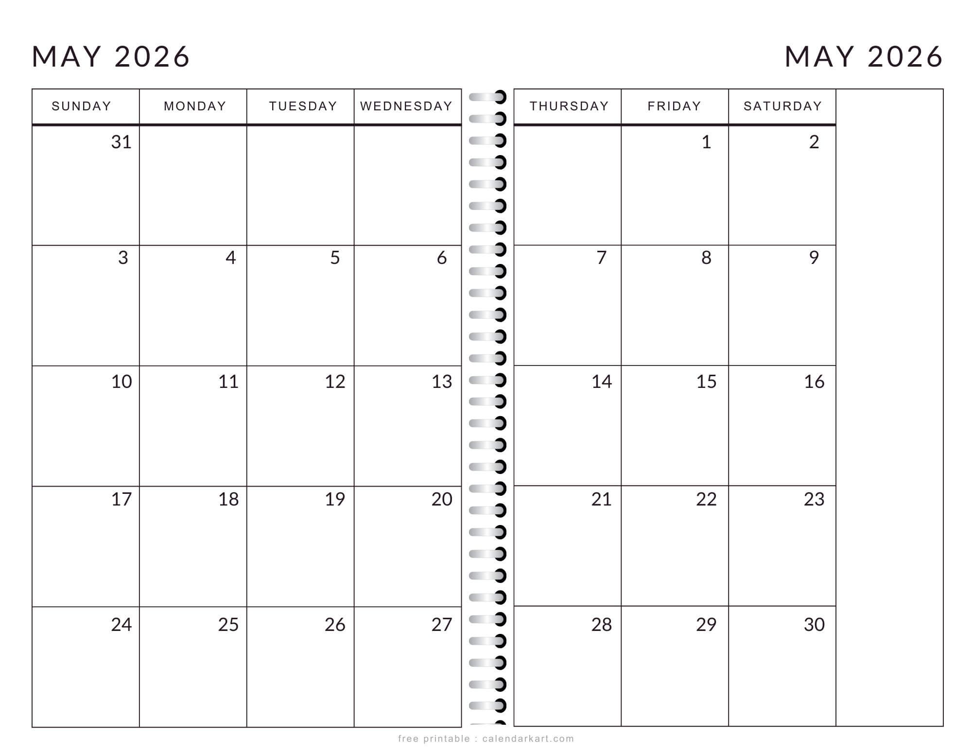 Printable May 2026 Calendar 2 Page Monthly